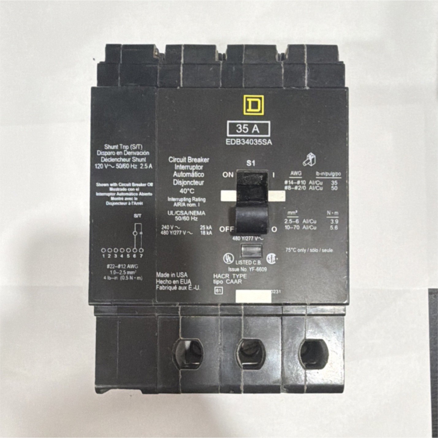 Square D EDB34035SA 35A 3-Pole Molded Case Circuit Breaker Shunt Trip 480V