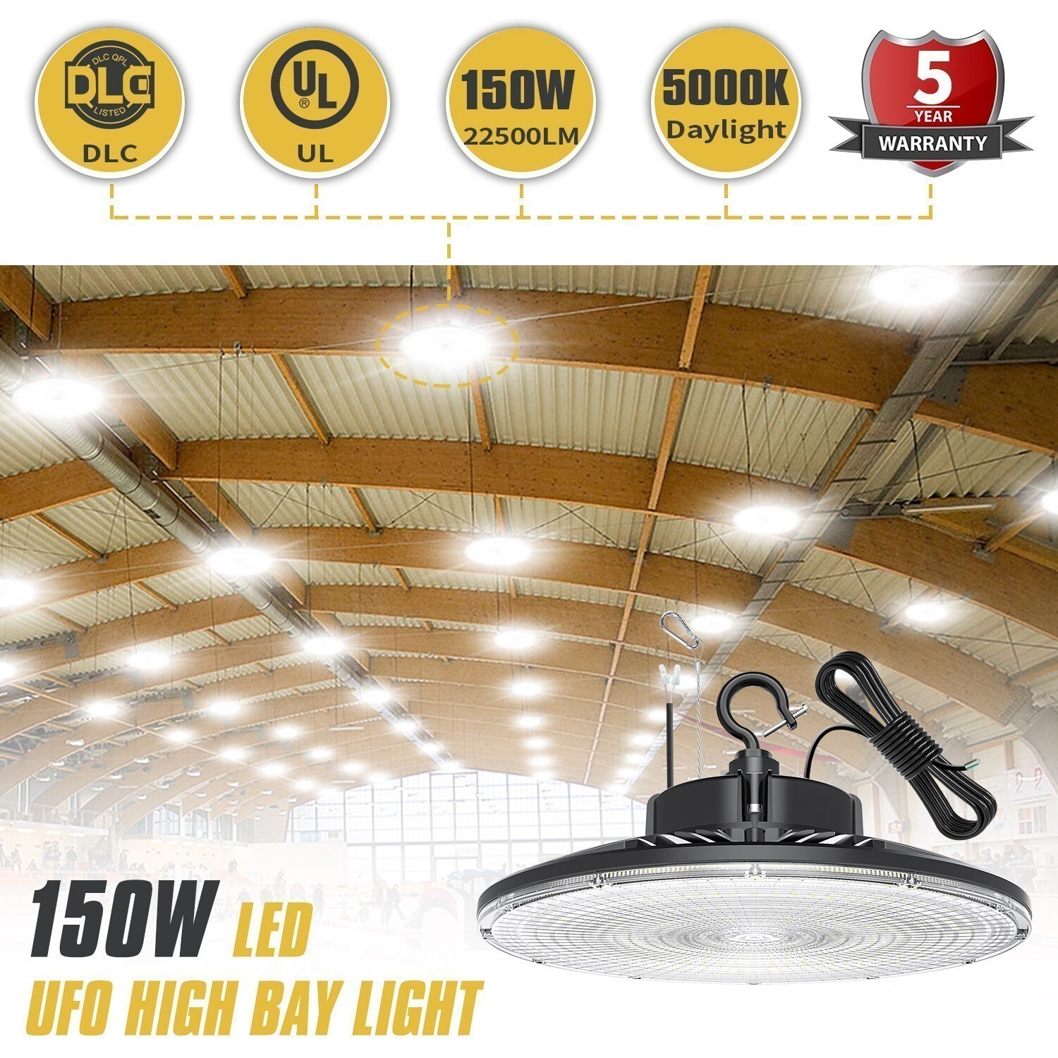 2 Pack 22500lm (Eqv.650W MH/HPS) LED High Bay Light Fixture 150W Commercial Lamp