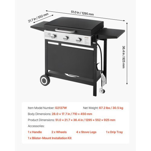 Gas Griddle, 3-Burner Flat Top Grill, Propane Griddle with Wheels, Lid, 3 x 1100