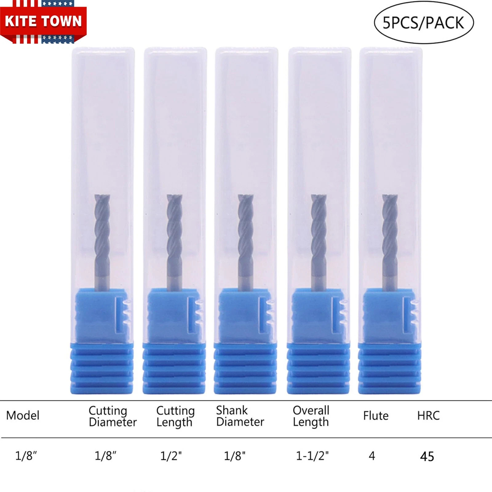 5Pcs 4-Flute 1/8″ x 1/2″ x 1-1/2″ Solid Carbide End Mills AlTiN Coated CNC Bit