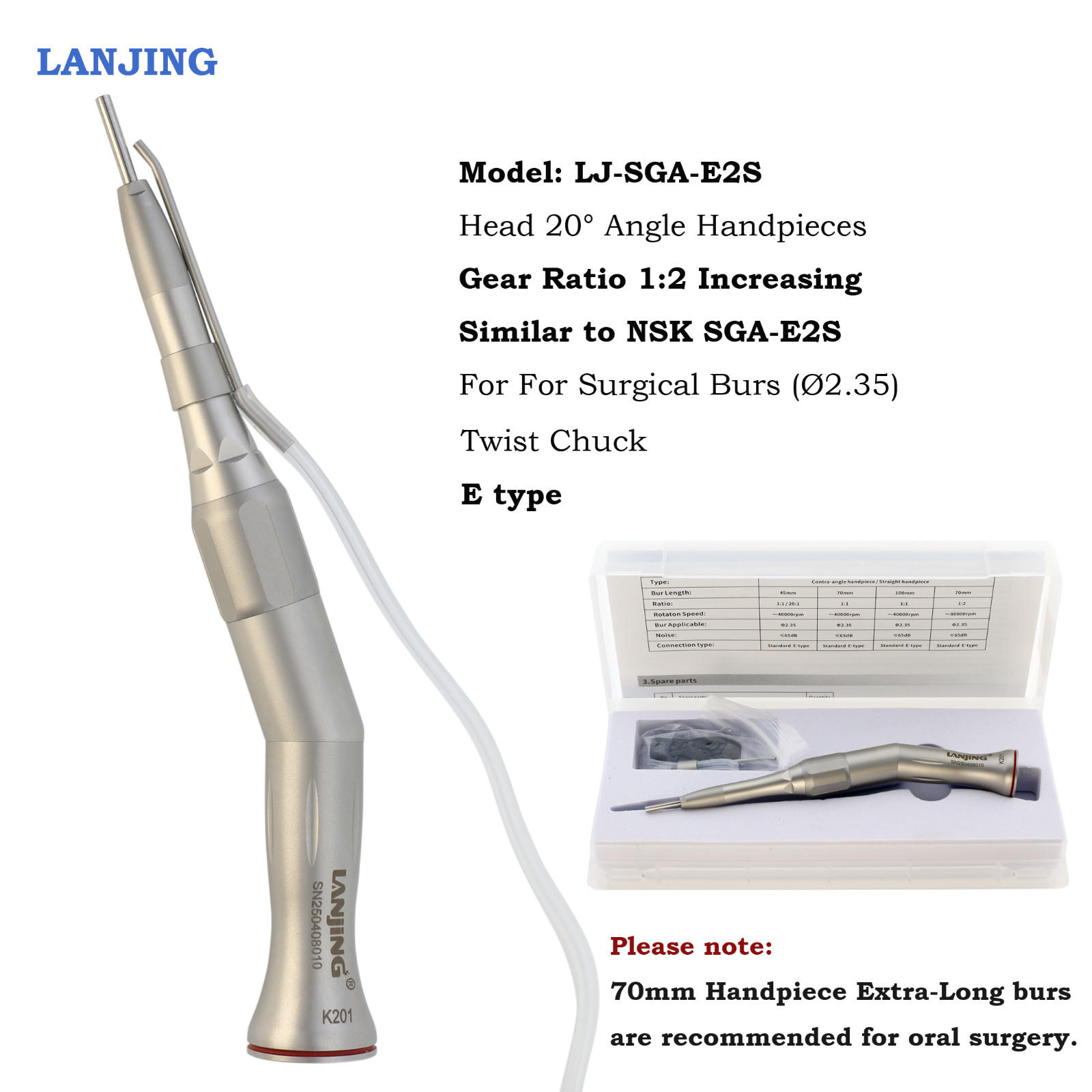 Dental Surgical Straight Handpiece 1:2 Oral Surgery Nose Cone 20 Degree External