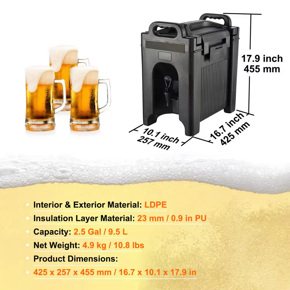 2.5 Gal. Insulated Beverage Dispenser, Food-Grade LDPE Thermal Drink Server, Hot