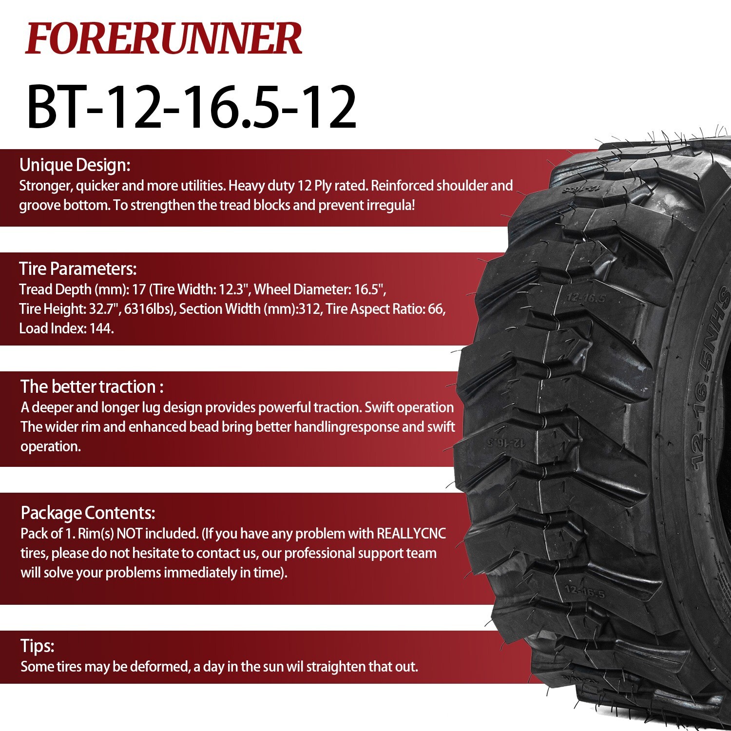 12×16.5 Heavy Duty 12-16.5 Skid Steer Tire 12Ply 12 16.5 Industrial Tire