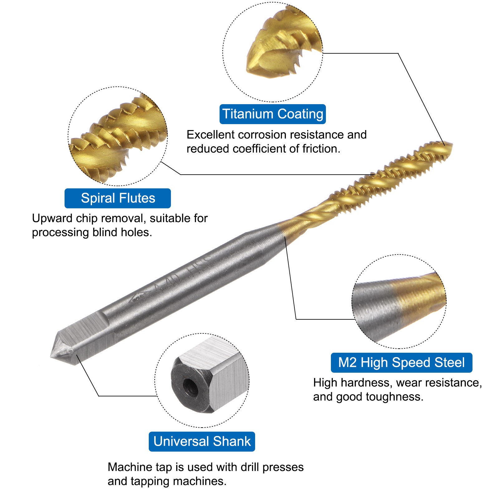 3pcs Spiral Flute Thread Taps 4-40 UNC H2 Ti-Coated Screw Threading Tapping