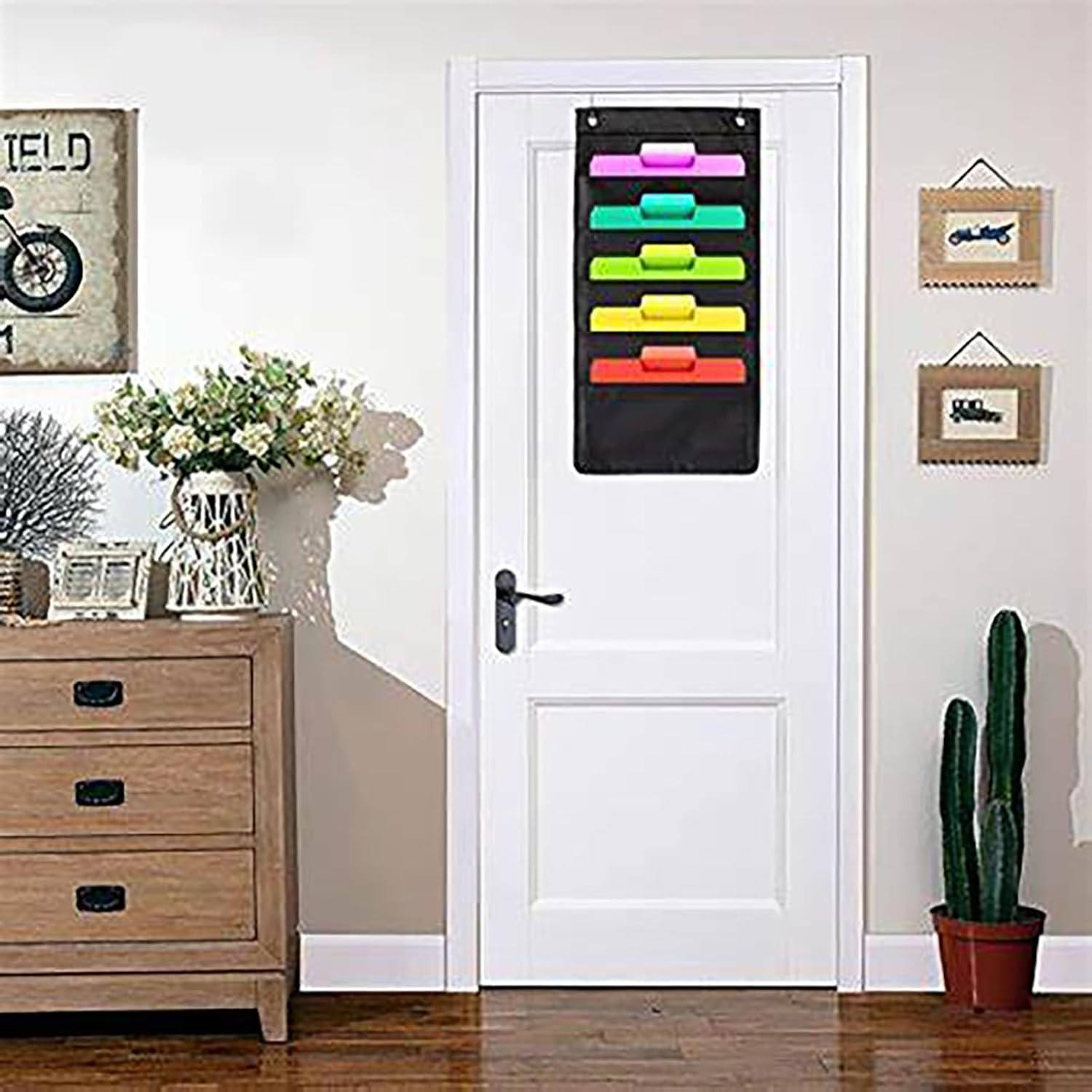 Hanging Wall File Organizer, 5 Pocket, Black Wall Storage Pocket Charts with 2 H