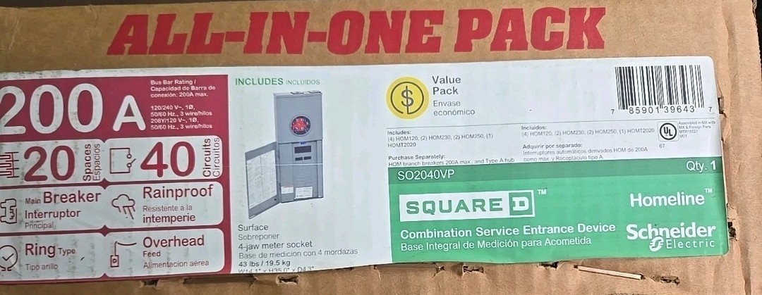 200 amp Square D SO2040VP Main Breaker Panel