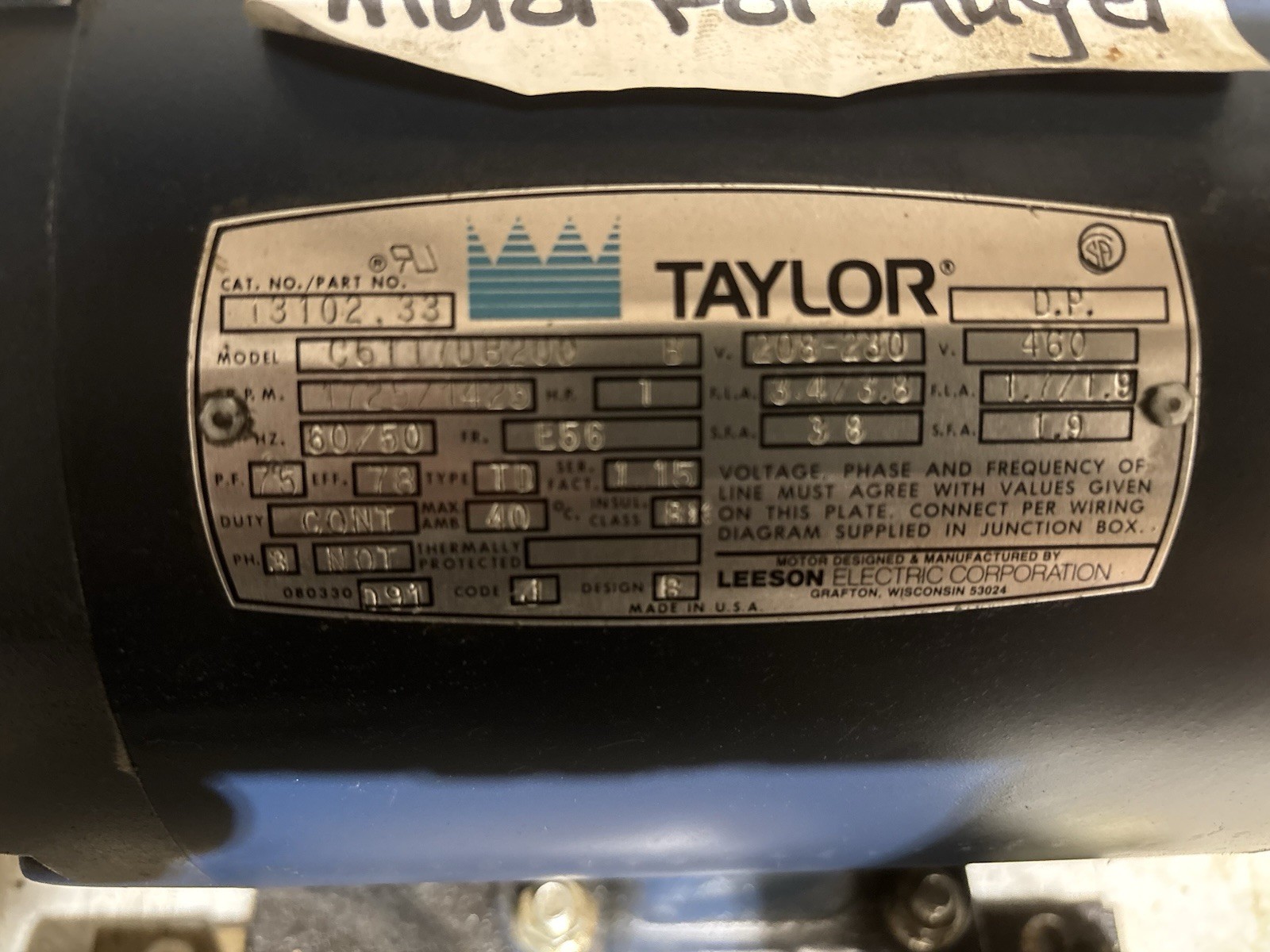 Taylor 013102-33 Beater Motor, 208/230V, 1HP, 3PH, Tested! Excellent Condition