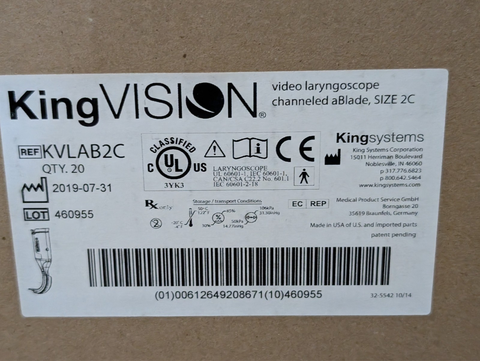 King Vision KVLAB2C channeled aBlade size 2C video laryngoscope, case of 20