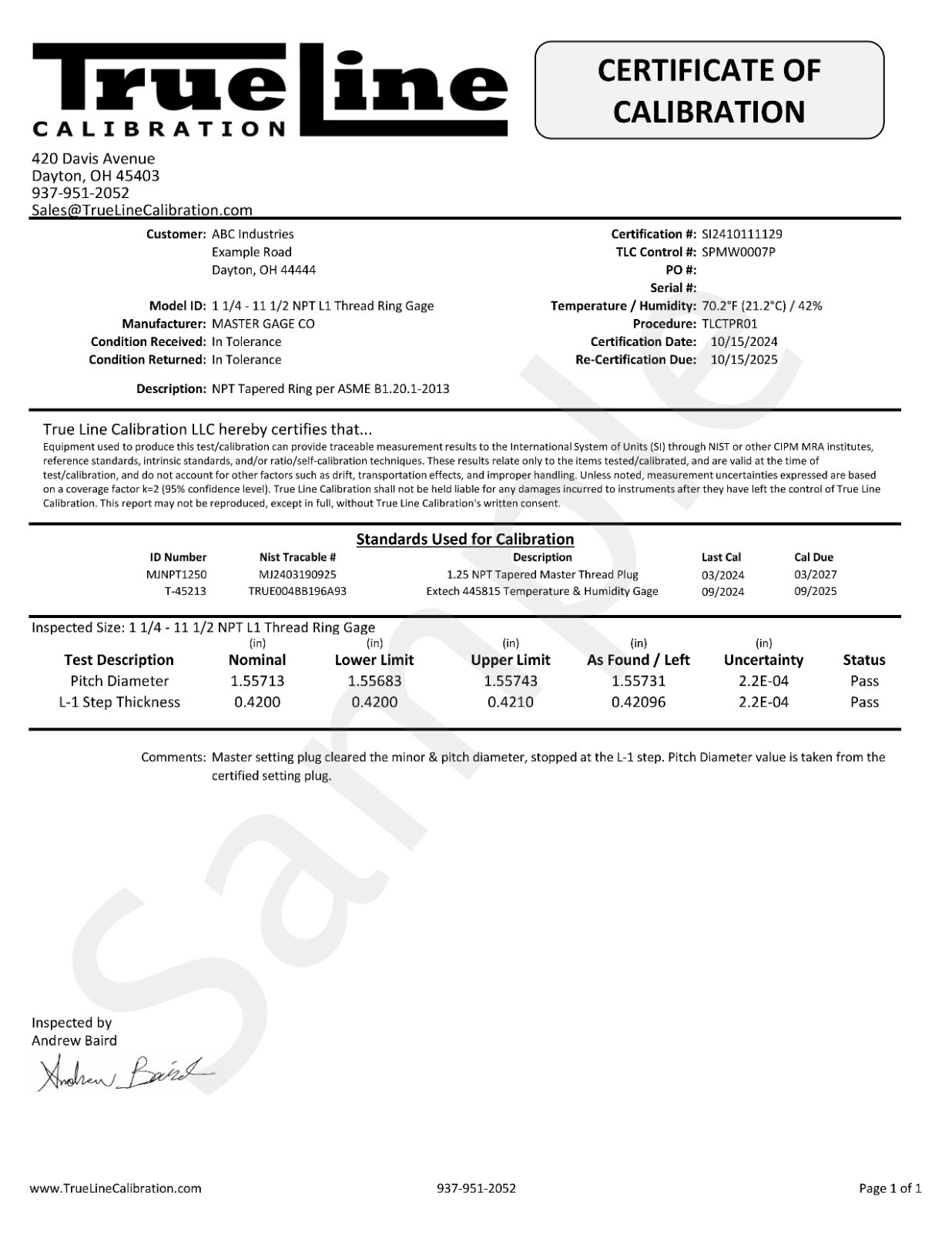 Long Form Calibration Certs For Thread Gage (Purchased w/ M & J Tooling Gage)