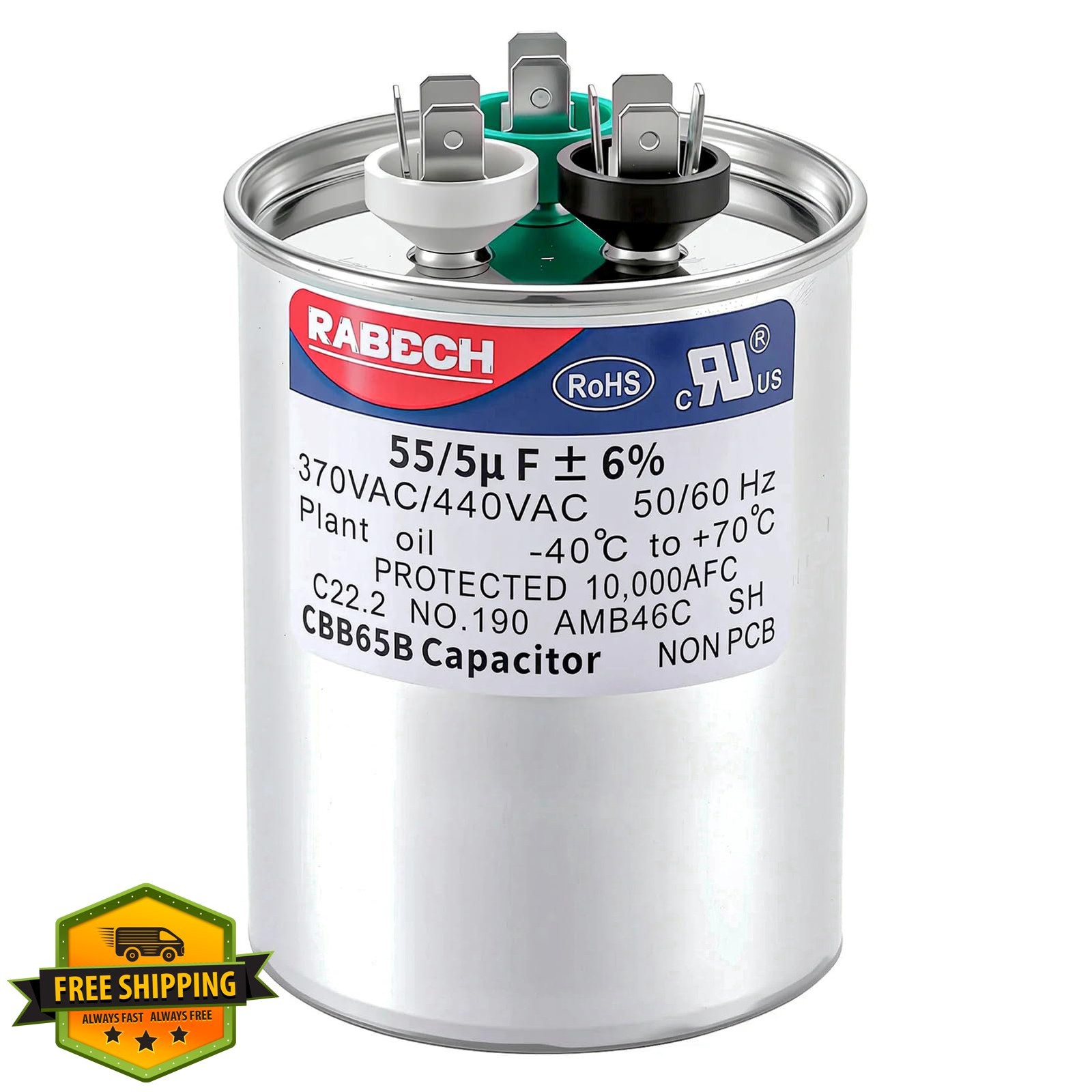 RABECH 55/5uF 55+5 MFD 370V/440V Round Dual Run AC Capacitor