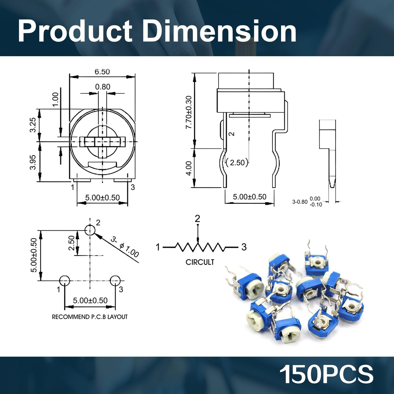 150Pcs Potentiometer Assortment Kit 15 Values 100Ω-2MΩ 6mm Trim Pot Resistors Se