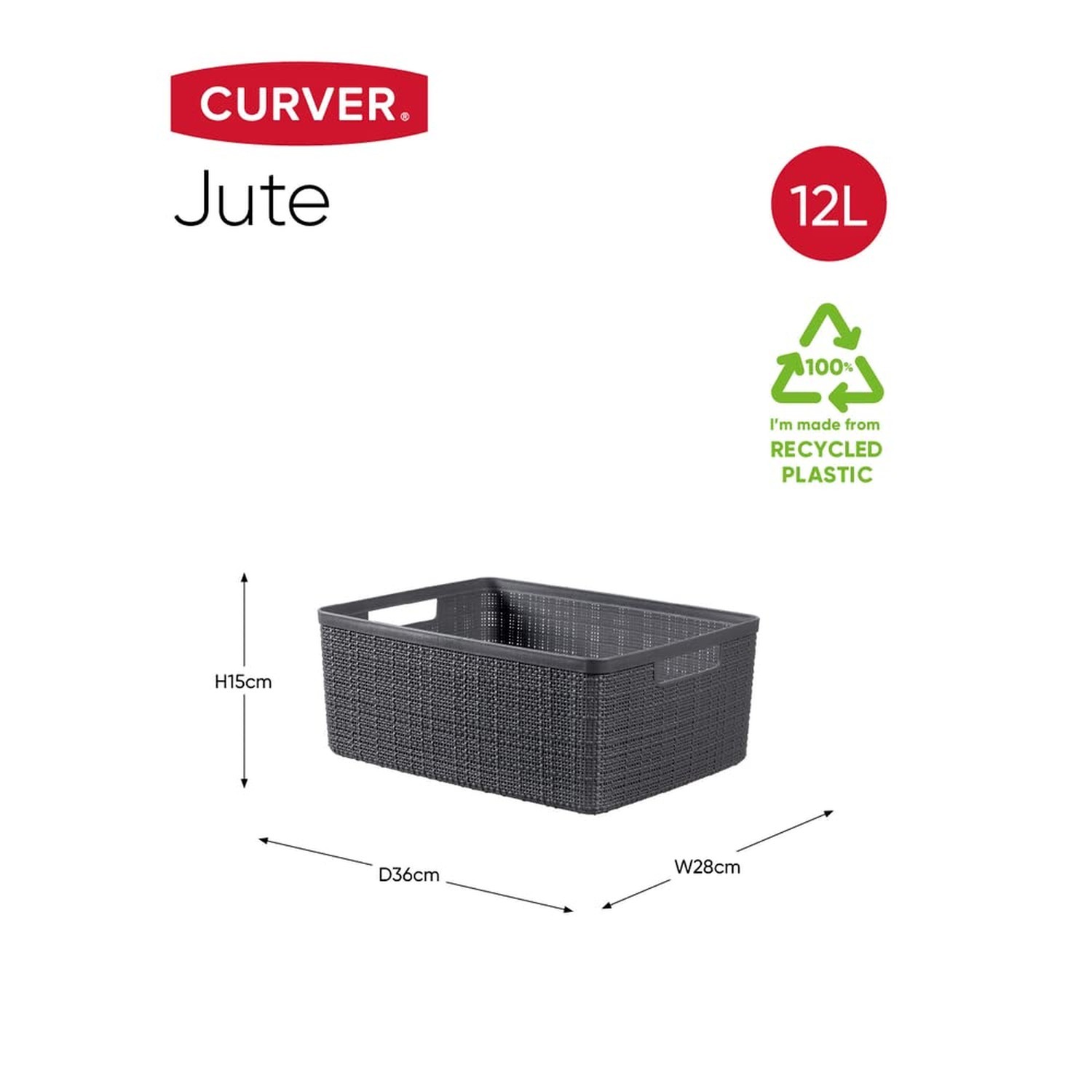 CURVER Jute Basket 100% Recycled Plastic Rectangular 12 L, Dark Grey, M Medium