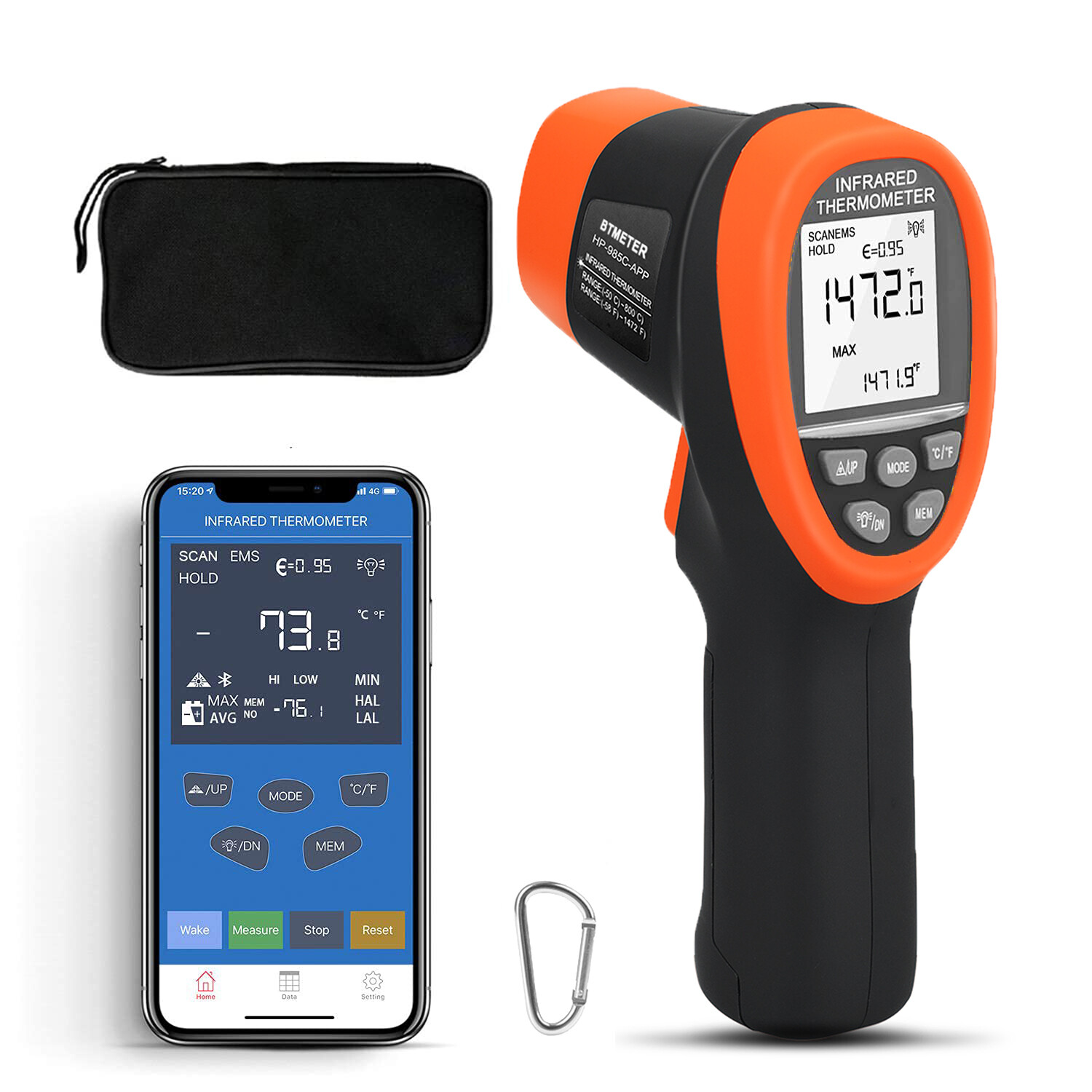Non-contact IR Thermo Industrial Thermometer1472°F 16:1 D:S BT Max/Min/Avg Alarm