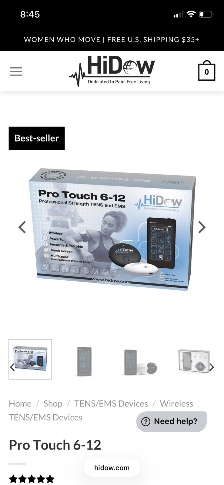 HiDow Pro Touch 6-12 Wireless TENS/EMS Unit Touchscreen with accessories
