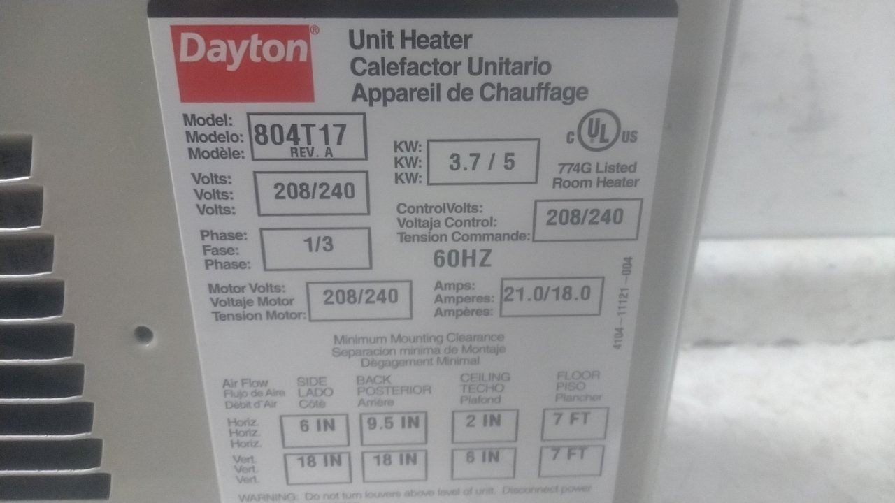 Dayton 804T17 208/240VAC 350 CFM Electric Wall & Ceiling Unit Heater