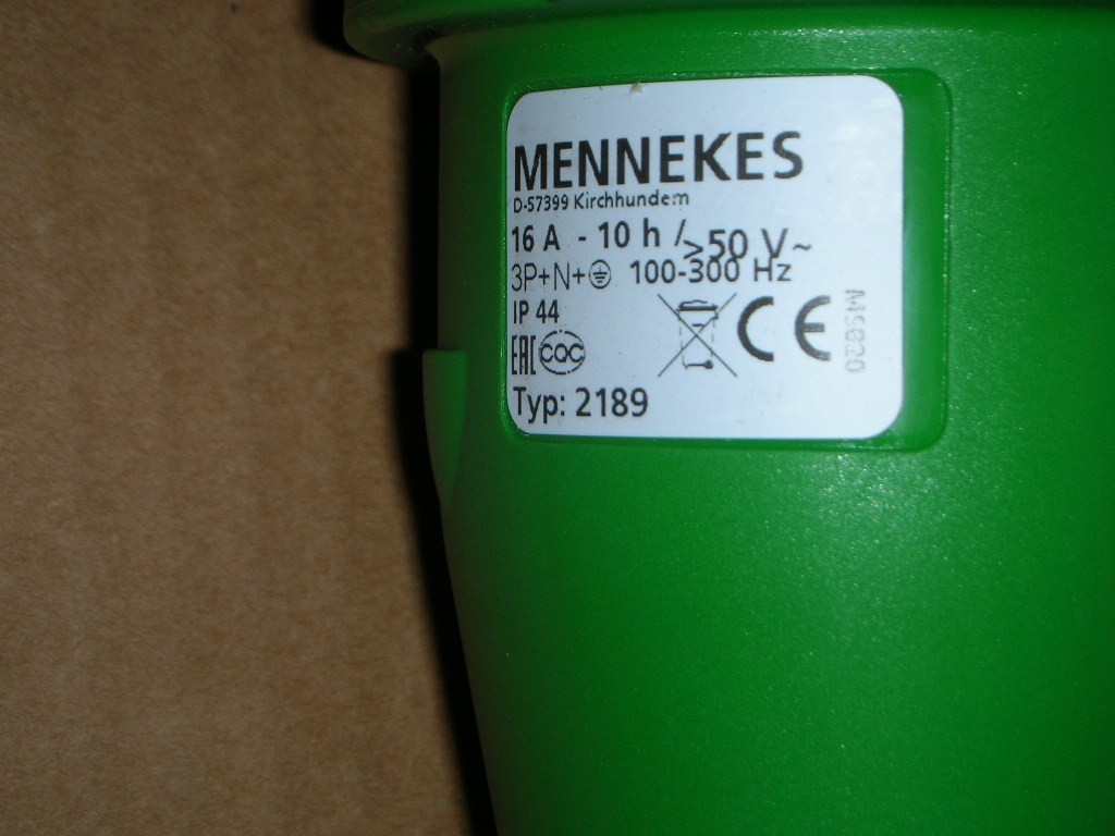 Mennekes Type 2189, D-57399, 100-300Hz, 50-500V 3P+N+G, 16A, 10H Const Mach Plug