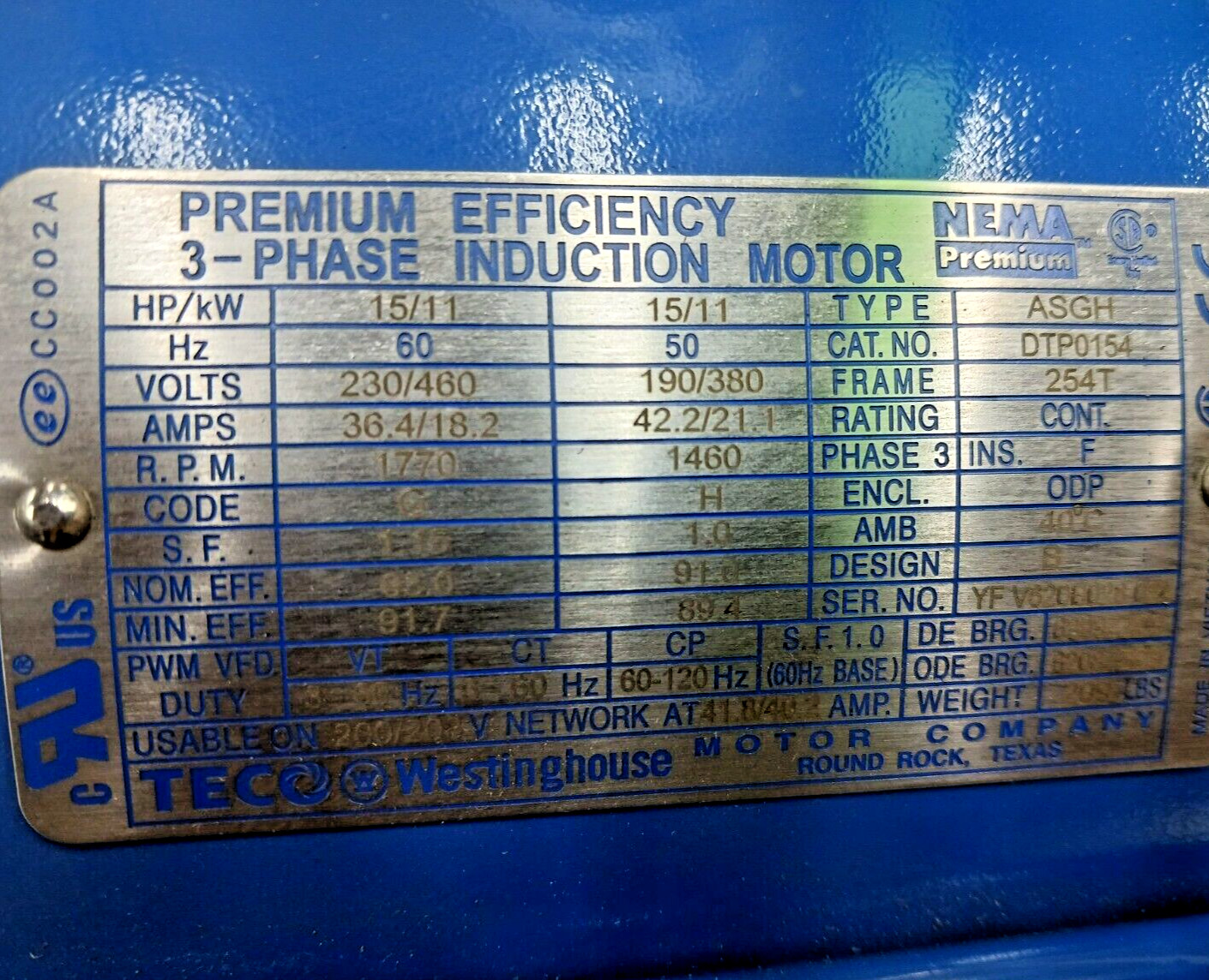 NEW TECO 15 HP AC INVERTER MOTOR ASGH 254T FRAME 230/460 VAC 1770 RPM ODP