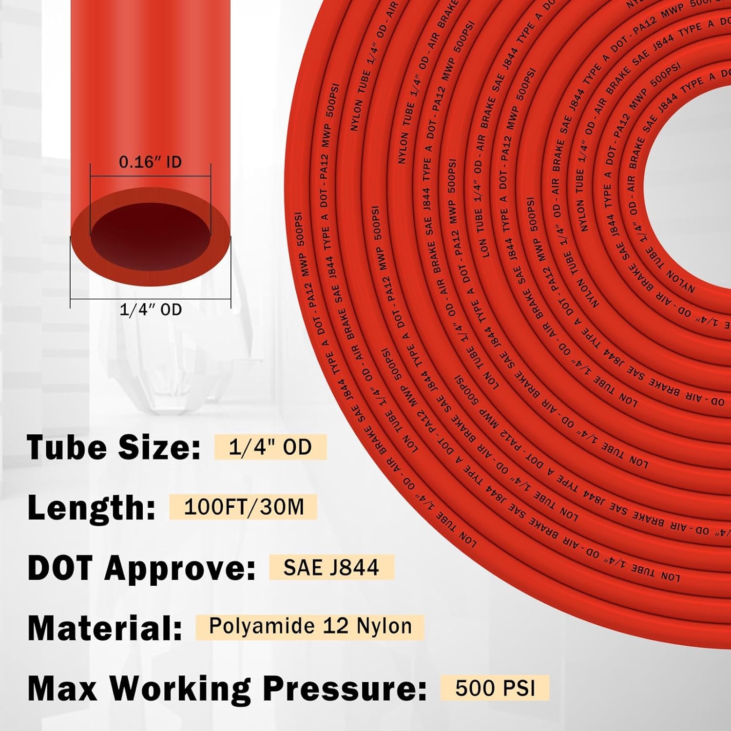 100FT 1/4″ DOT Air Line 34Pcs Brass DOT Air Line Fittings Kit 30.5M Red Air Line