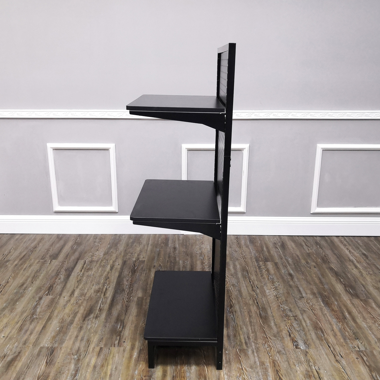 24.0″ Wide Gondola Rack Stand with Two Shelves Black Pegboard Display