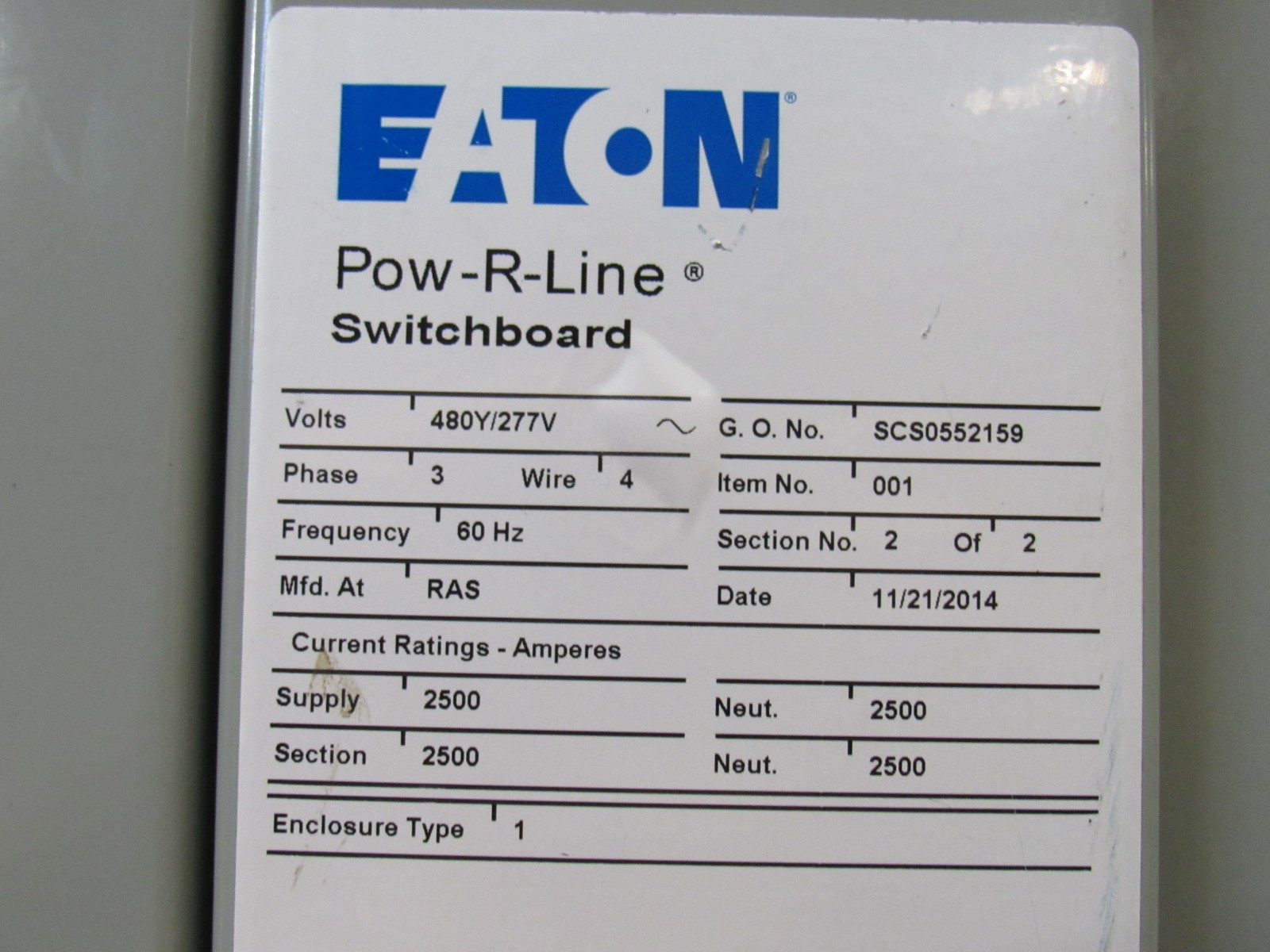 Eaton Pow-R-Line SCS0552159 Switch Gear Board 480/277V 3Ph W/ 2500 A Amp Main