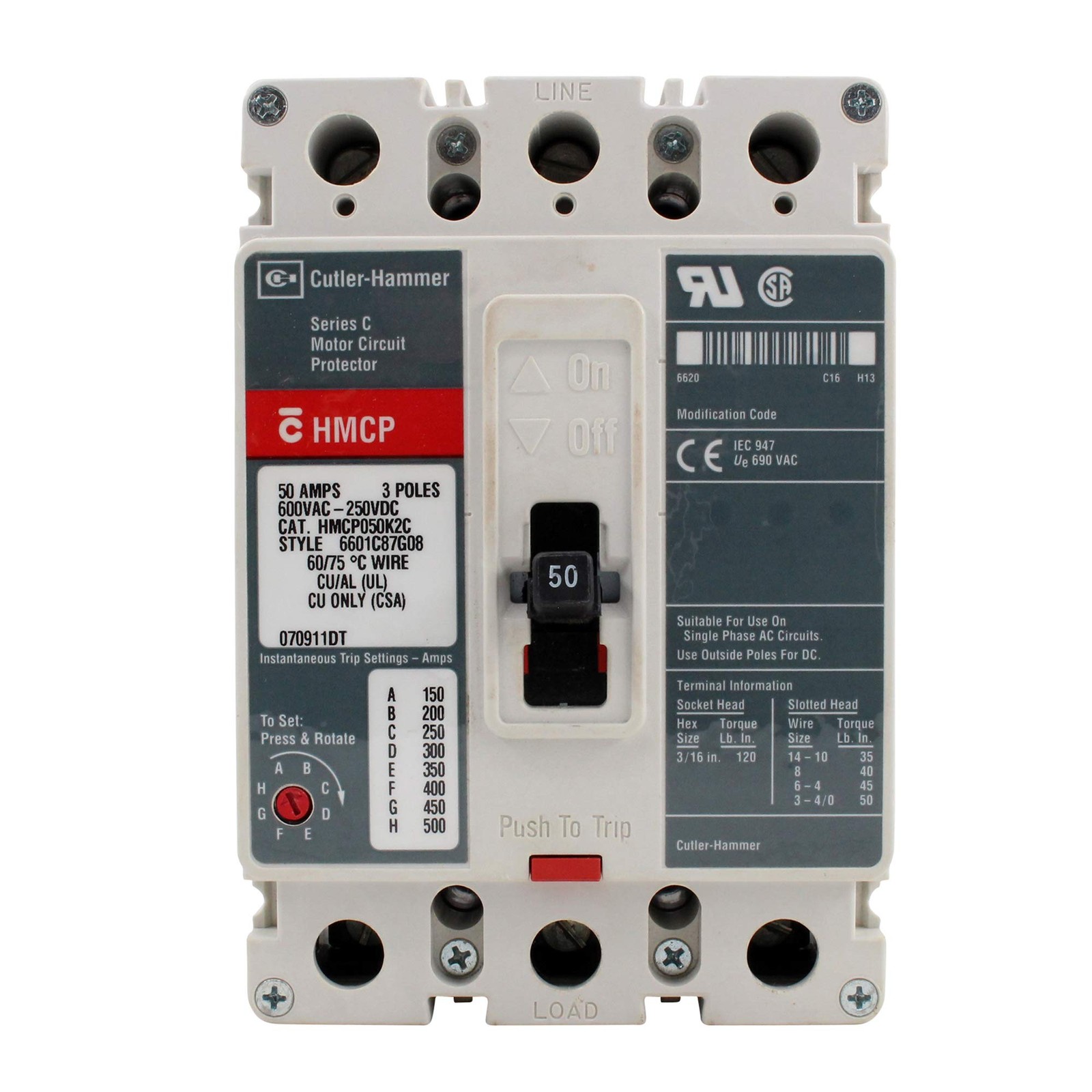 Eaton Cutler-Hammer CHHMCP050K2C C-H HMCP050K2C 50A HMCP 3P 480V L/L STL, Black