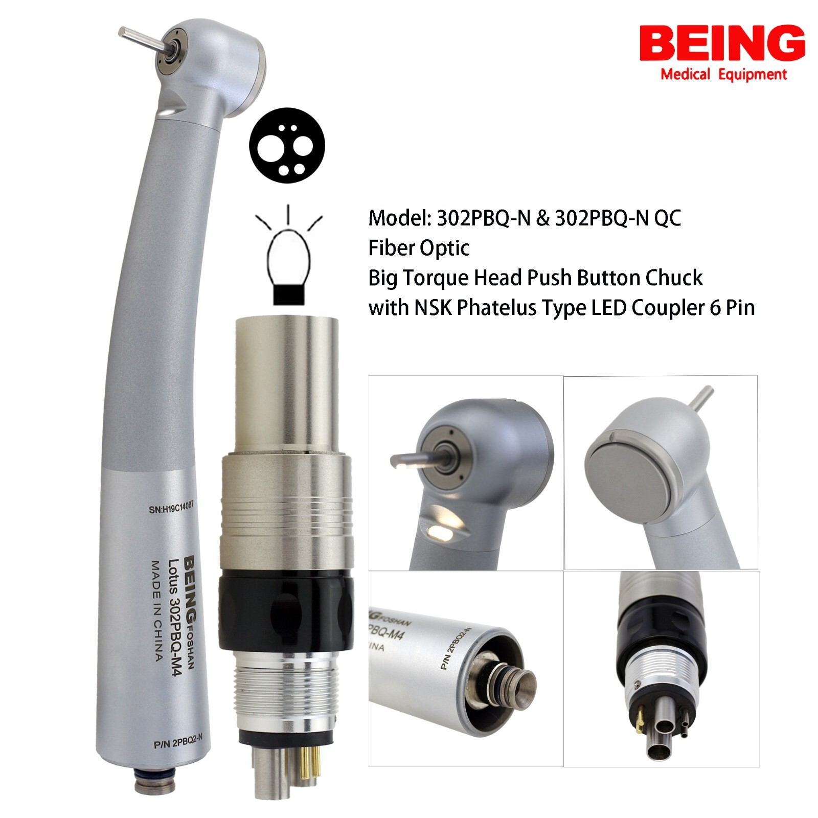 BEING Dental Handpiece High Speed Turbine Fiber Optic LED NSK Phatelus Coupler