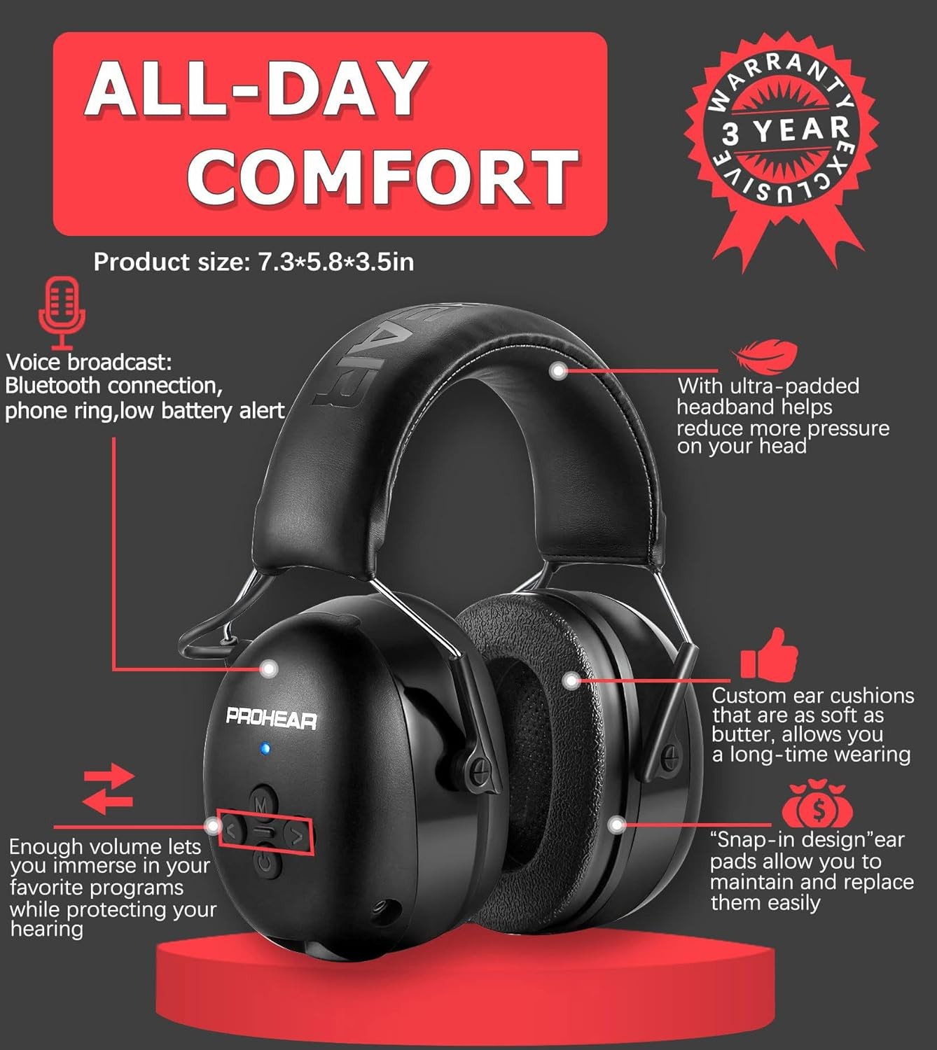 PROHEAR 037 Bluetooth 5.3 Hearing Protection 6.29*4.13*8.07 inches, 037black