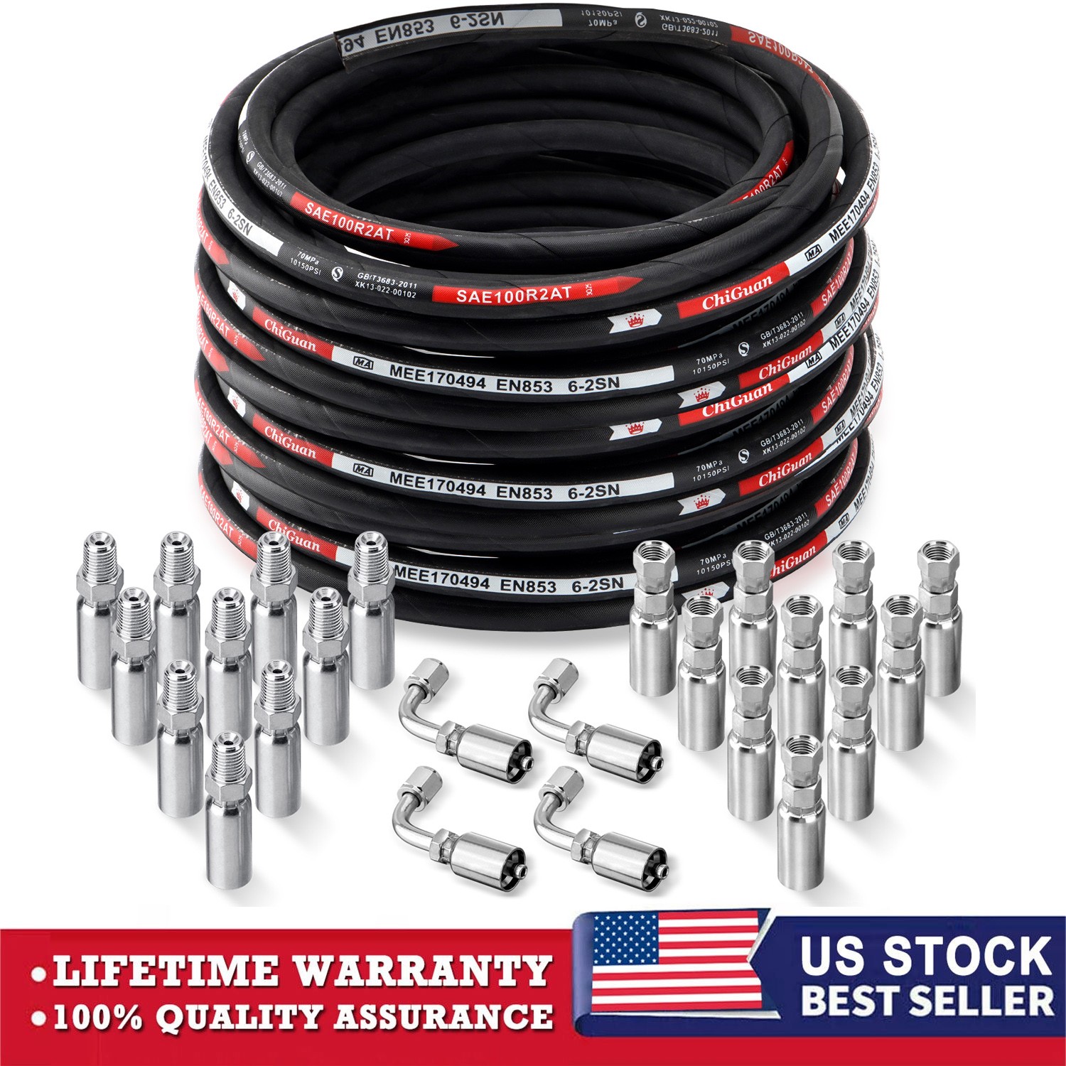 1/4″ 100′ HYDRAULIC HOSE TWO WIRE HOSE FLEXIBLE 70MPa / 10150PSI WITH 24 FITTING