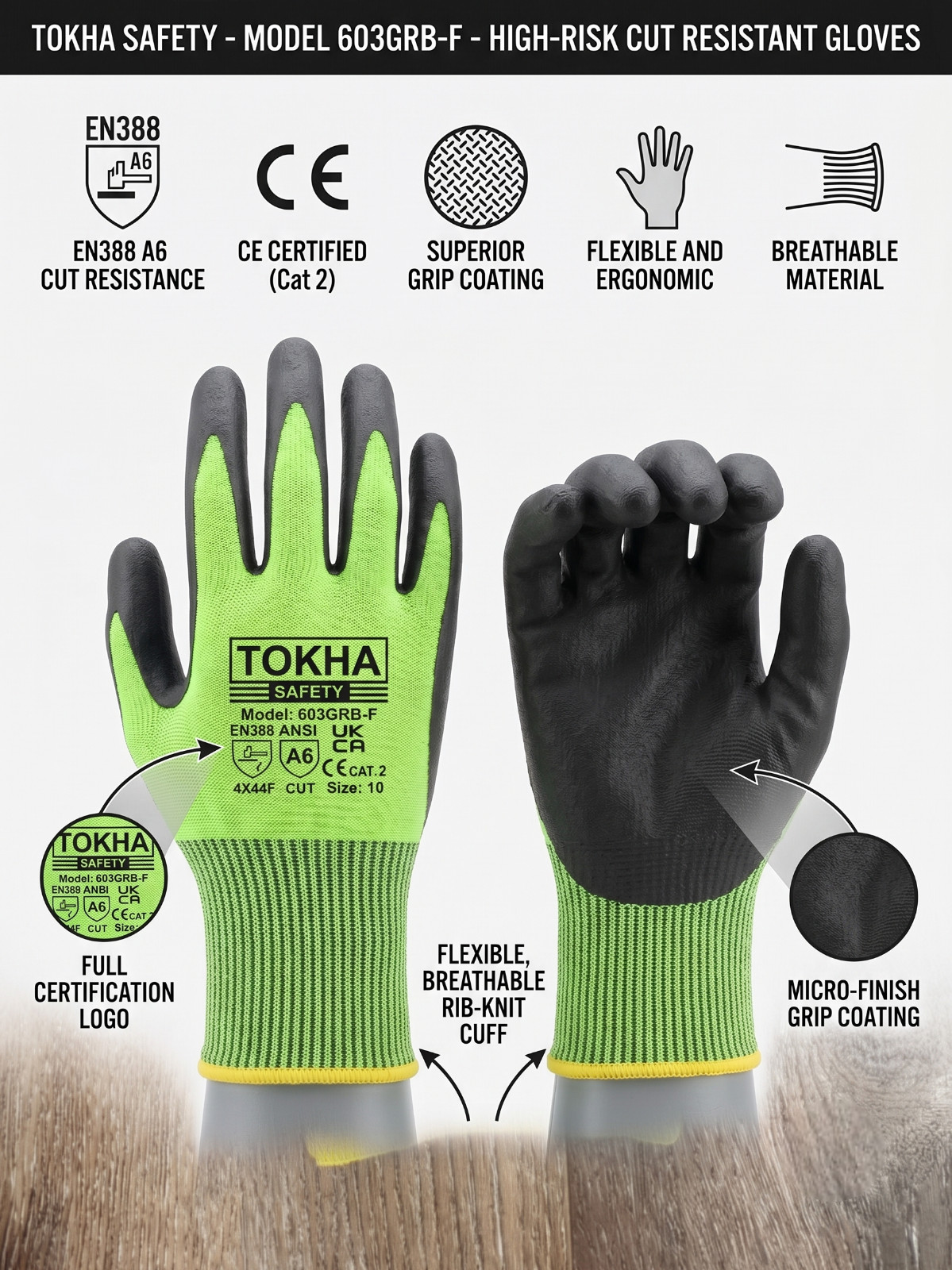 Anti Cut Level 5 Cut Proof Safety Work Gloves PU Grip For Gardening Builders