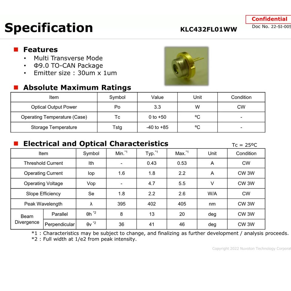 3.3W Powerful 395nm 402nm 405nm Voliet/Blue Laser Diode 3000mW 9mm KLC432FL01WW