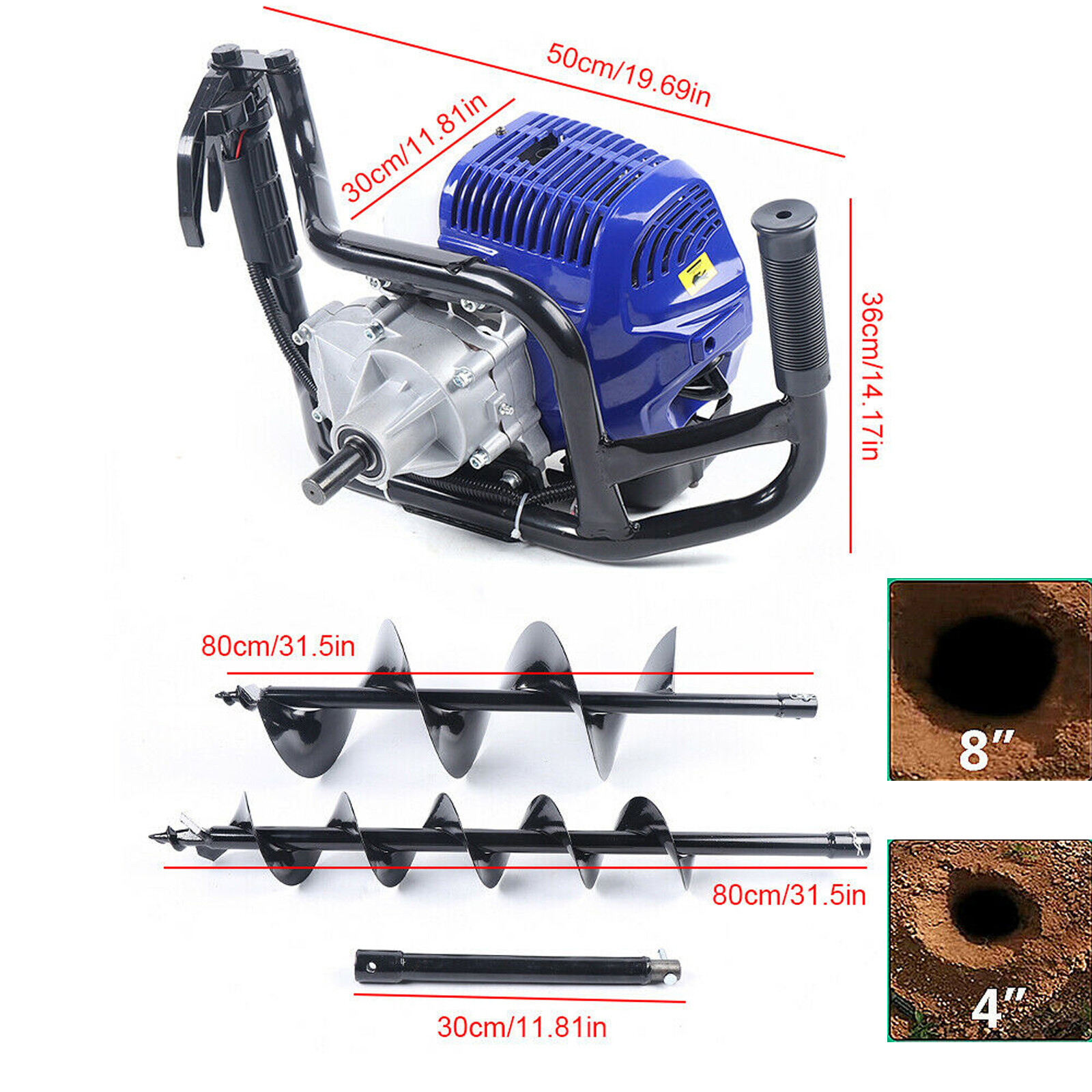 52CC 1700W Gas Powered Earth Auger Post Hole Digger Borer Fence Ground & 2 Bits