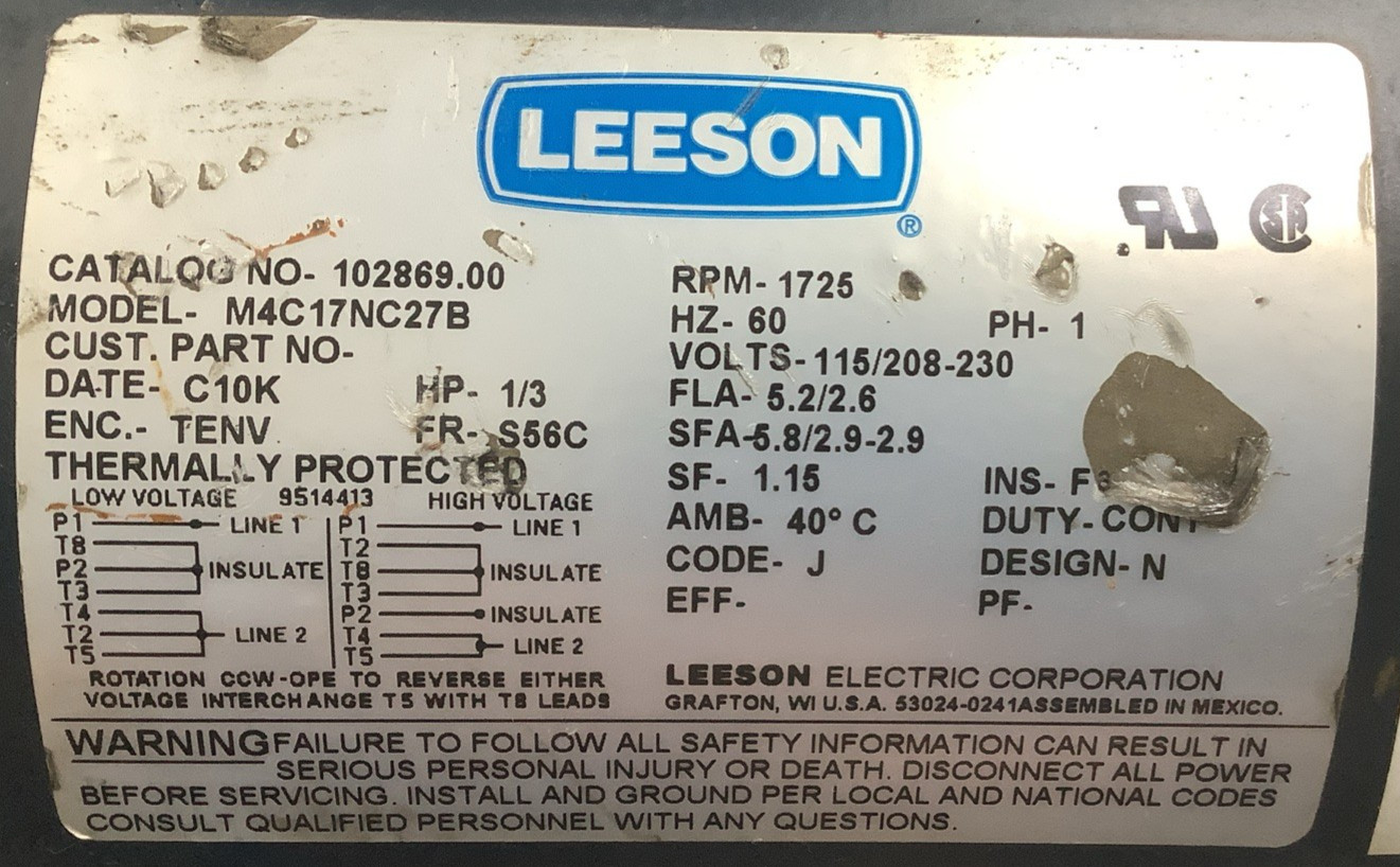 Leeson 102869.00 1/3HP 1725RPM 115/208-230V AC General Purpose Motor (R64)