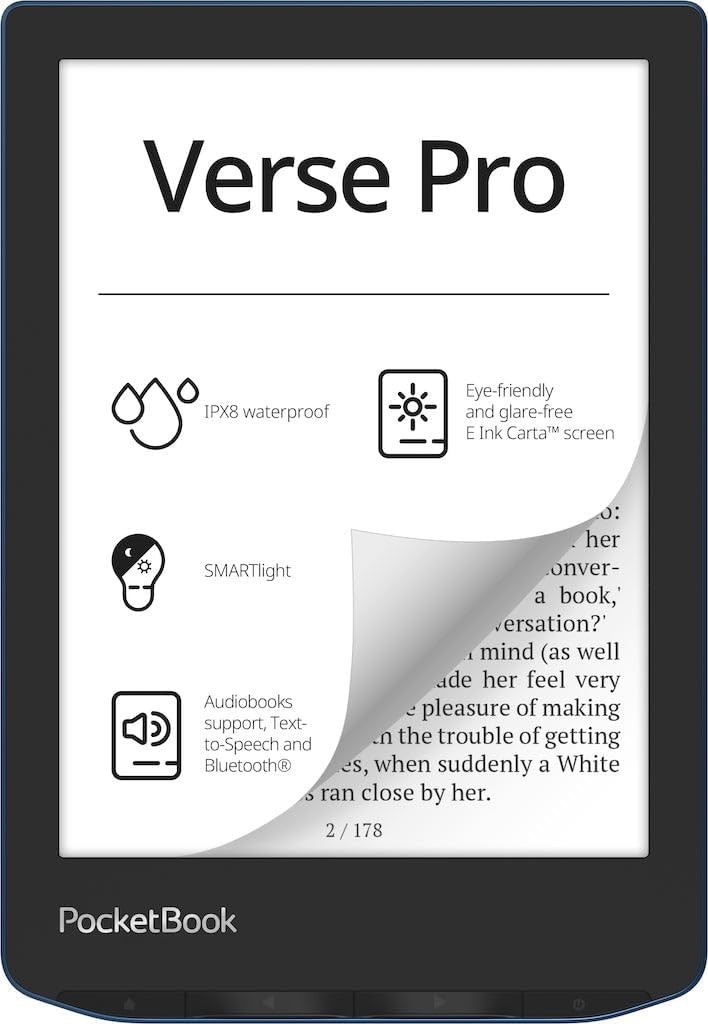 PocketBook Verse PRO 6″ E-Ink HD eReader + Case bundle, Waterproof, Audio, Azure