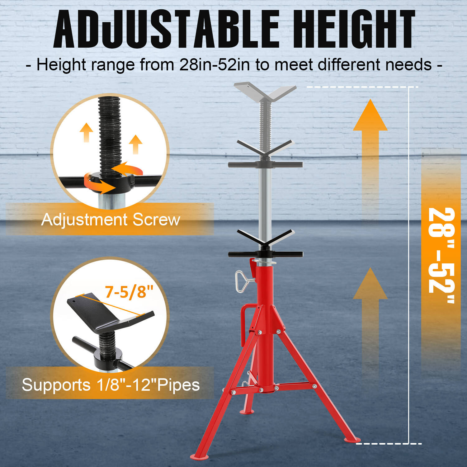 V-Head Pipe Stand Folding Tripod Jack 28″-52″ Height 12″ Pipe 2500LB Steel Red