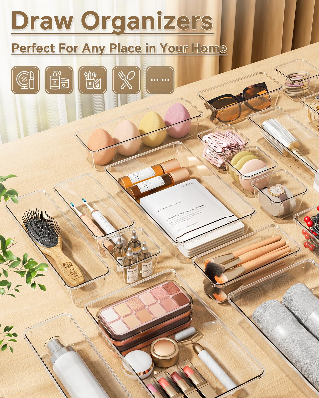 KEMETHY 25 PCS Plastic Drawer Organizers Set, 4 Sizes Vanity Organizer Clear