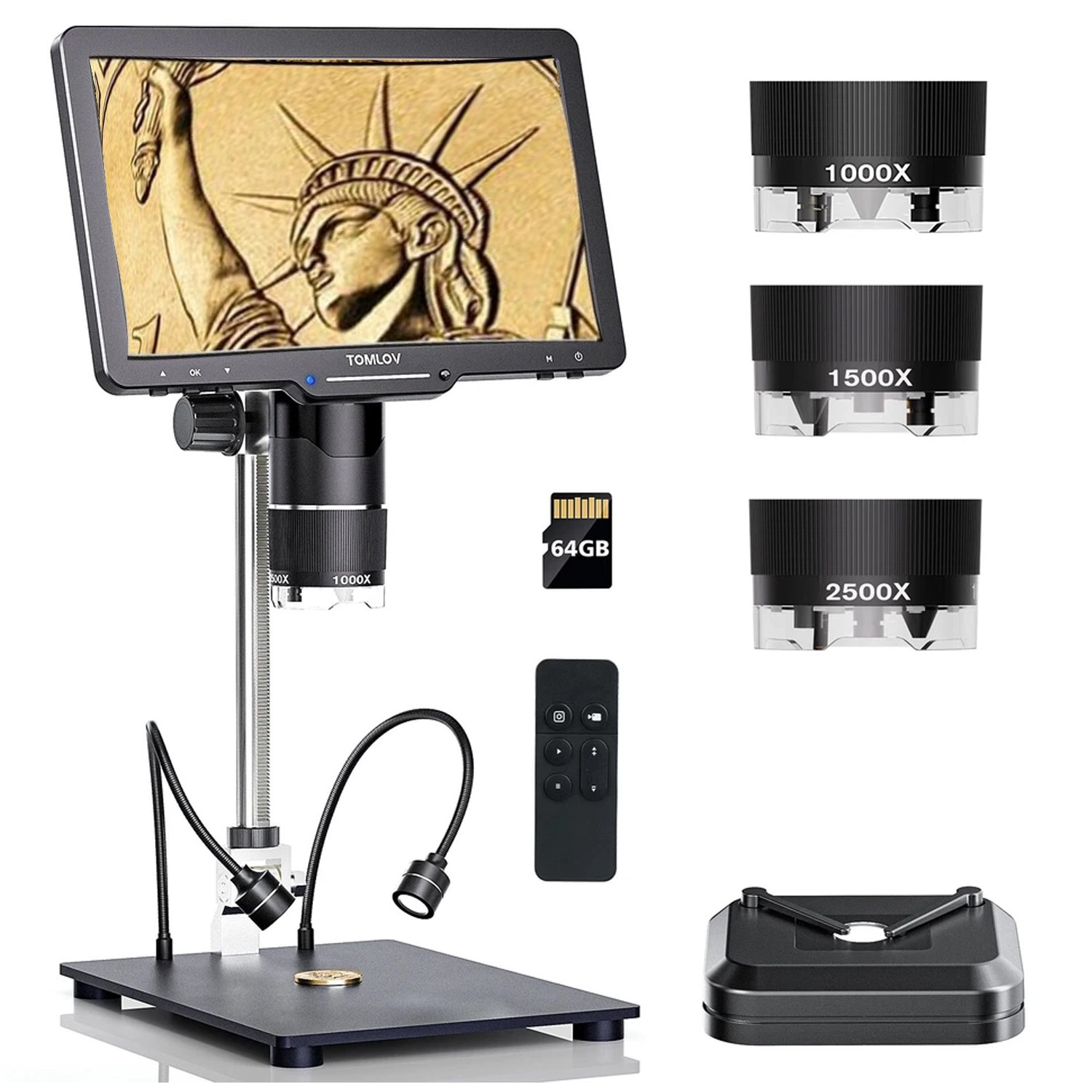 TOMLOV 10″ Screen 2500X Digital Microscope Coin Magnifier Soldering Camera HDMI