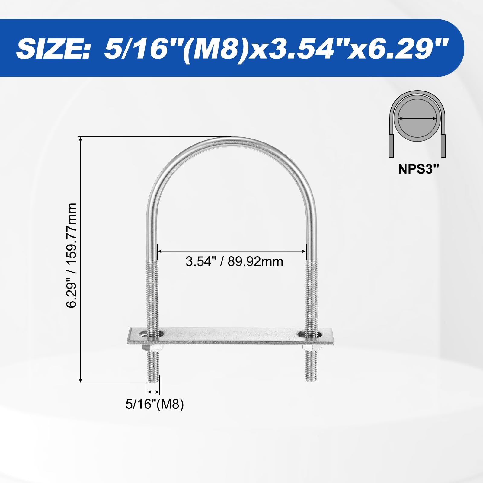 METALLIXITY U Bolts 2 Sets (5/16″(M8) x3.54″x6.29″), 5/16″(M8)x3.54″x6.29″