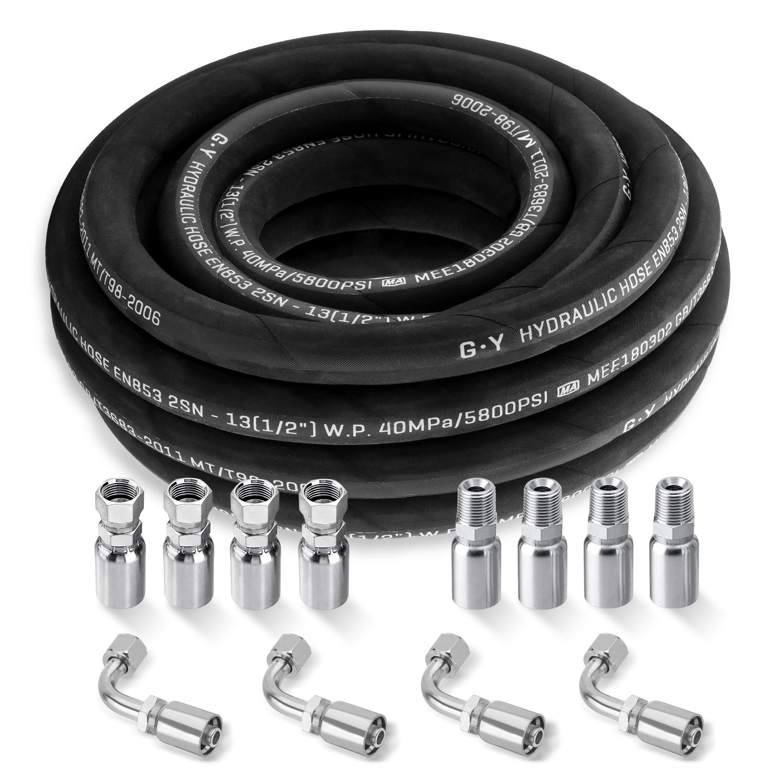 1/2″ 25′ HYDRAULIC HOSE TWO WIRE HOSE FLEXIBLE 40MPa / 5800 PSI WITH 12 FITTINGS