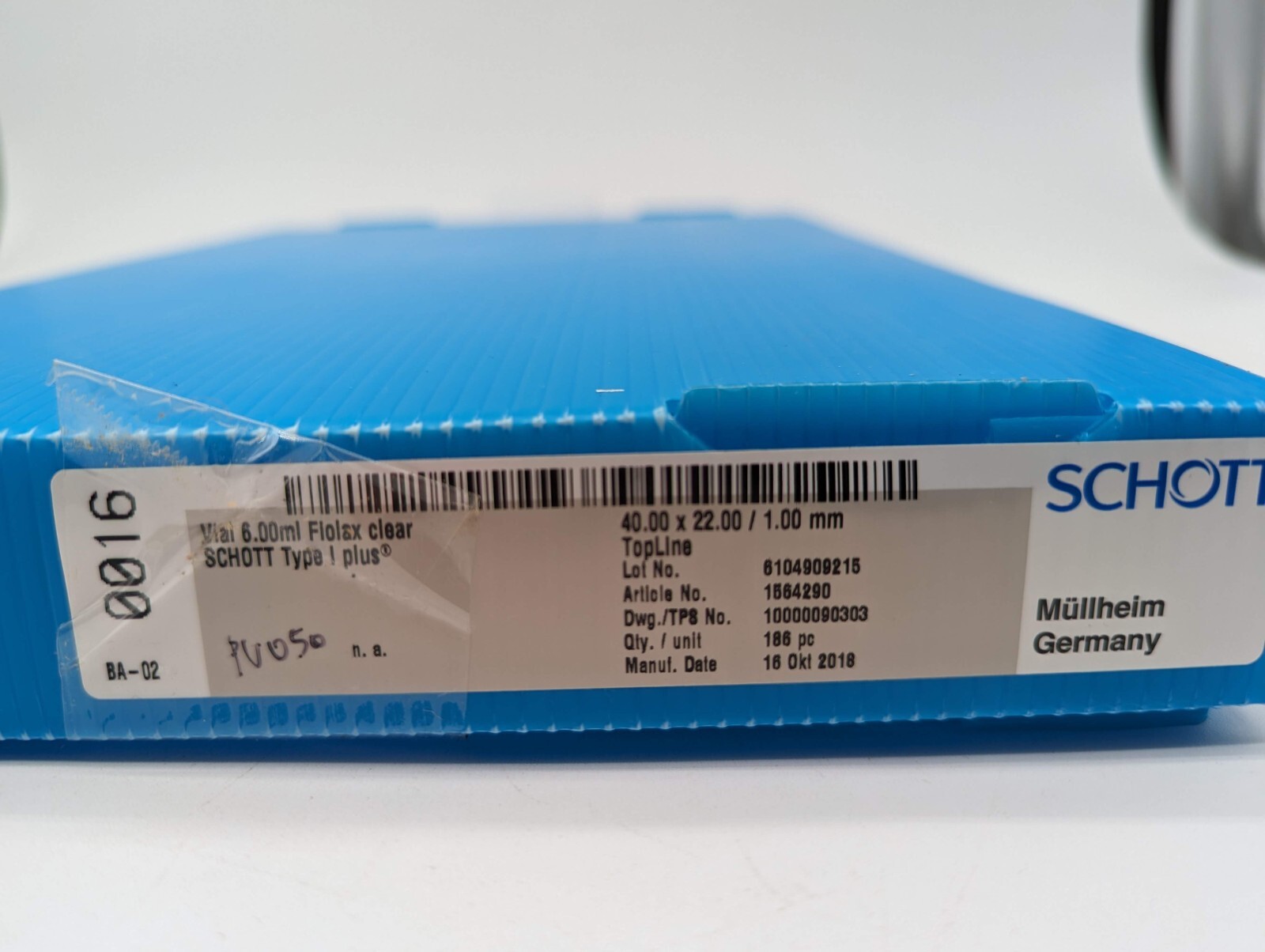 Schott Vial 8.00 mL Fiolax clear Type I plus 40.00 x 22.00/ 1.0 mm Open Box