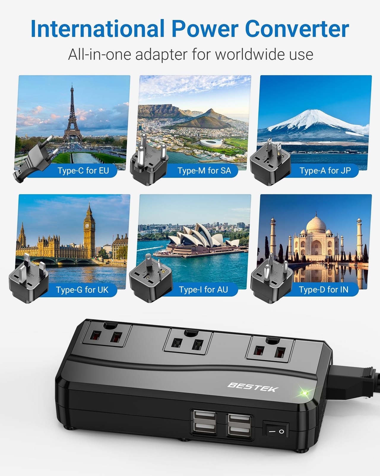 BESTEK 250W Power Converter 3-Outlet and 4-Port USB Travel Voltage Transforme…