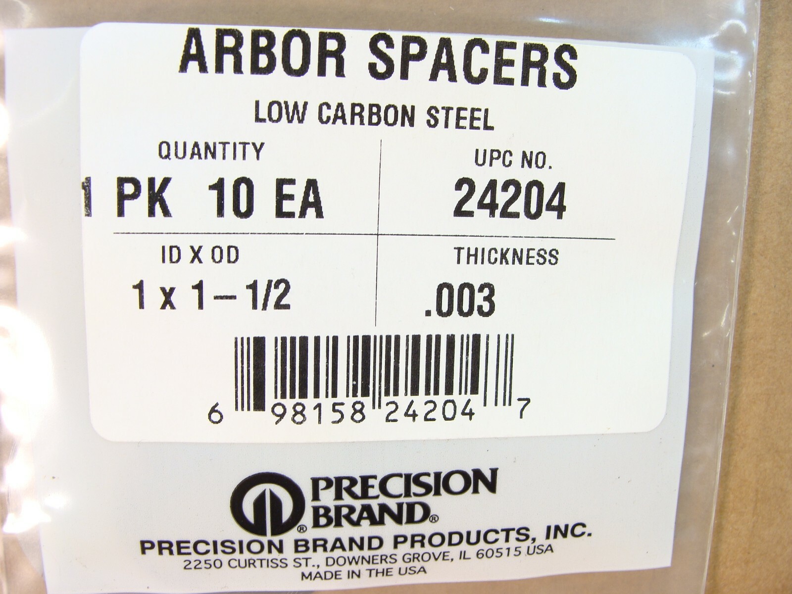 NEW 10 Precision Brand arbor spacers shims 24204 0.003 USA 1 x 1 1/2 .003