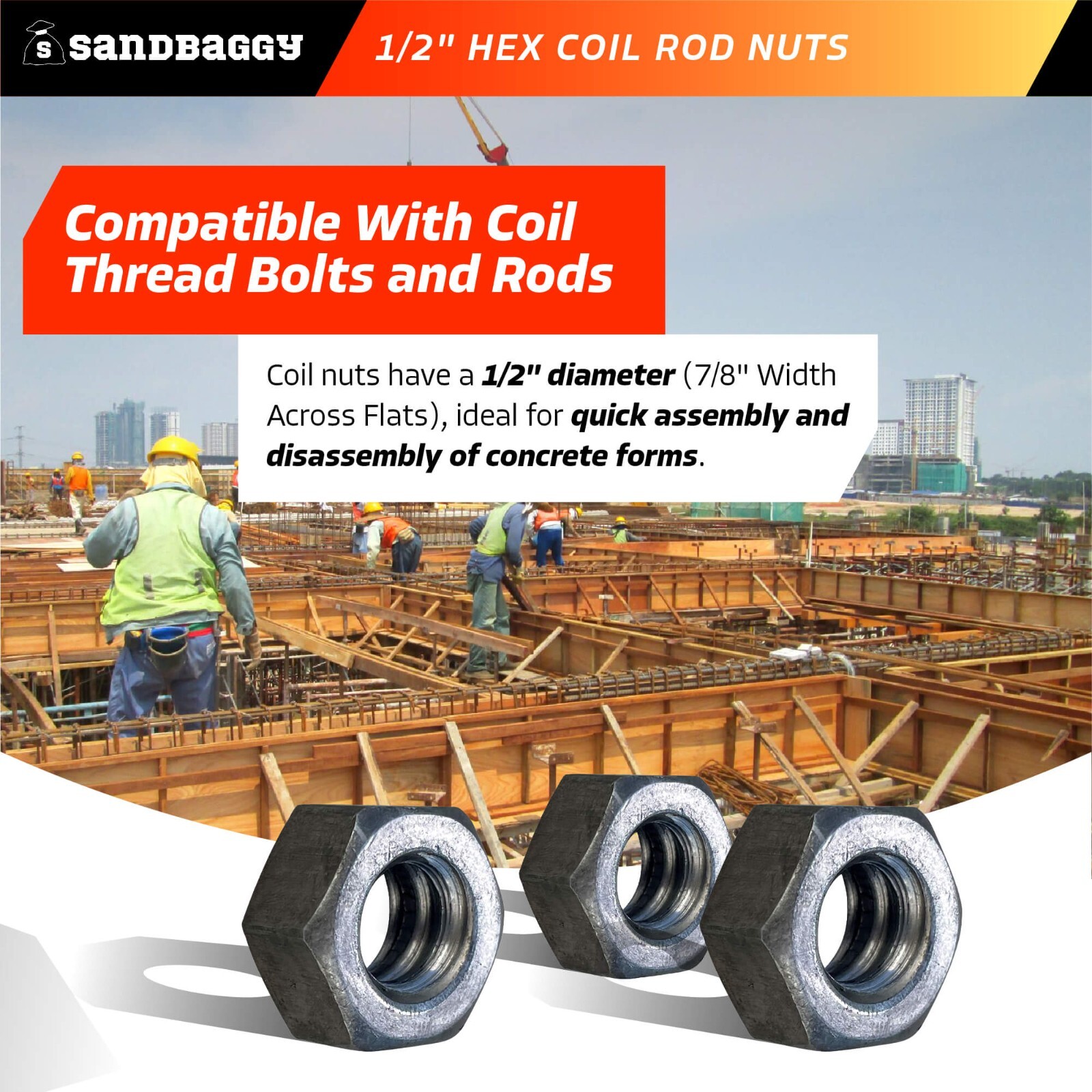 Sandbaggy 1/2″ Hex Coil Rod Nuts (Threaded) – Plain Steel