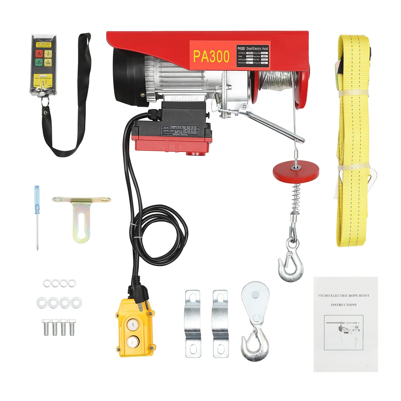 660LBS Electric Hoist with Wireless Controller and Slings 110V 650W 20-39 FT