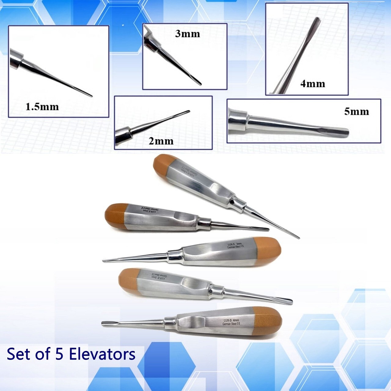 GERMAN 5 PC STRAIGHT DENTAL SURGERY EXTRACTING LUXATING APICAL ROOT TIP ELEVATOR