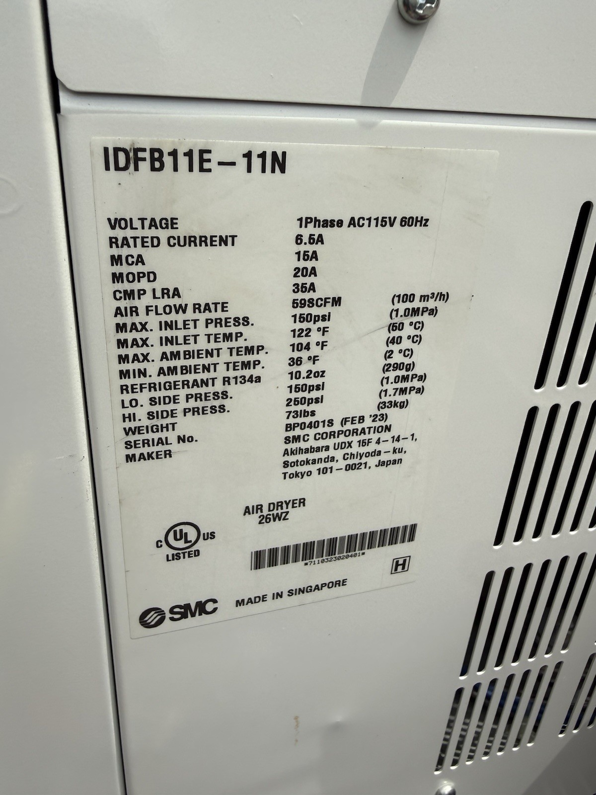 Refrigerant Air Dryer SMC IDFB11E 59SCFM