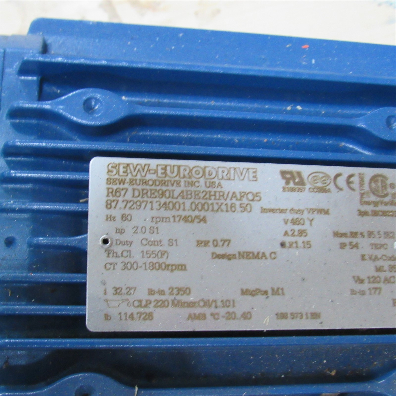 SEW-EURODRIVE GEARMOTOR 1,800 RPM 32.27:1 RATIO 2 HP R67DRE90L4BE2HR/AFQ5