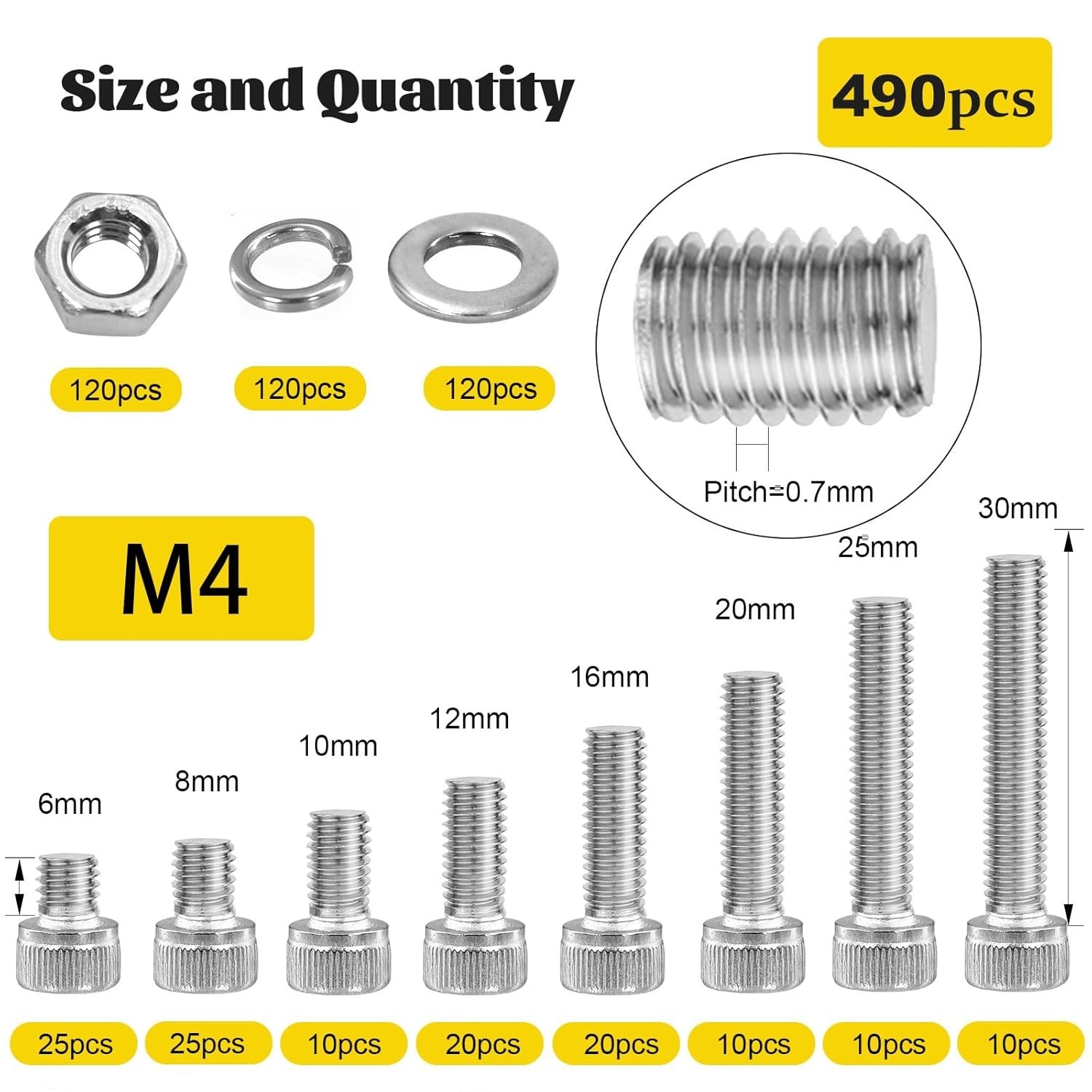490pcs M4 Screws,Nuts and Washers Assortment kit, M4x6/8/10/12/16/20/25/30 mm He