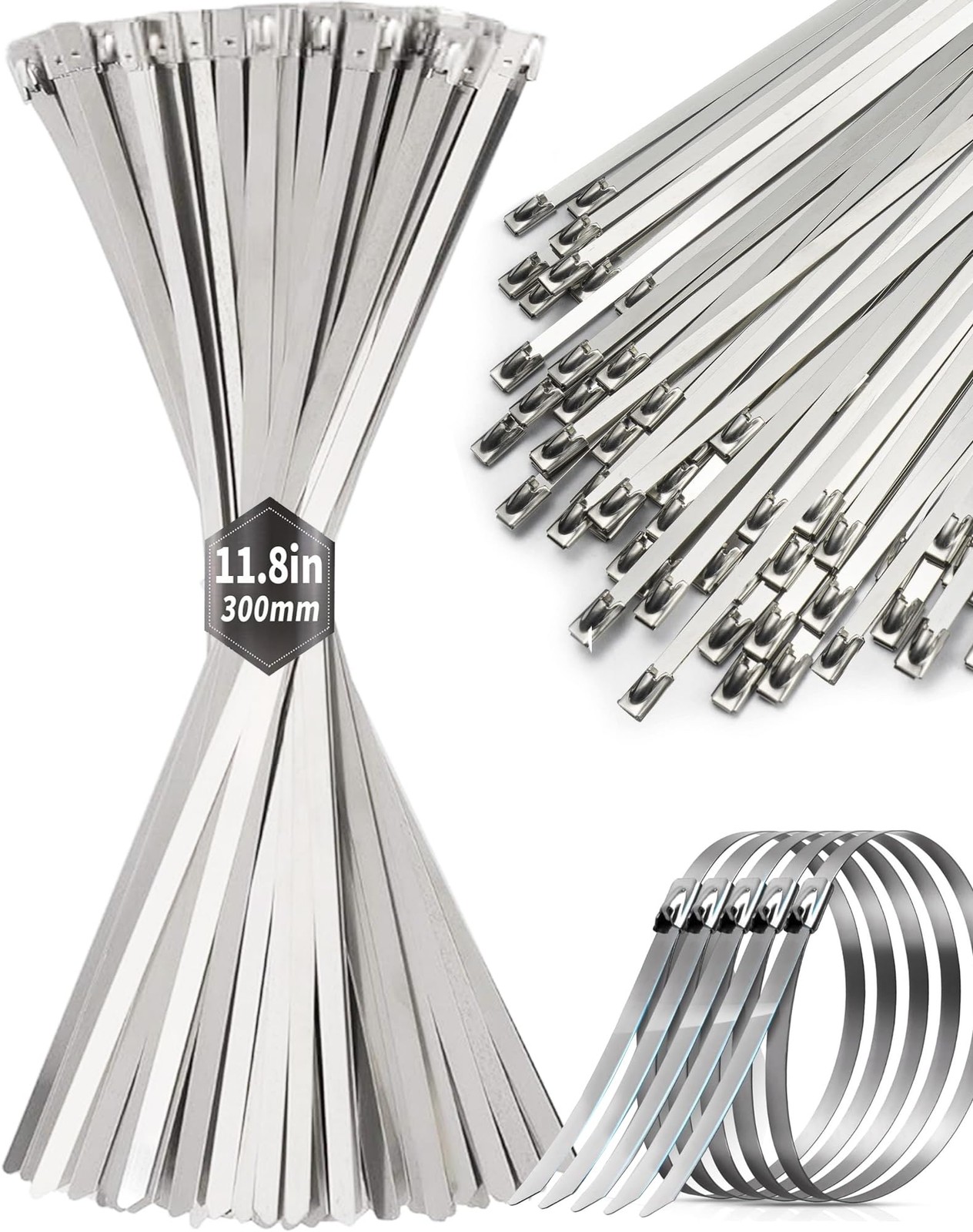 50Pcs Metal Zip Ties 11.8 Inch 304 Stainless Steel Zip Ties, Heavy Duty Multi-Pu