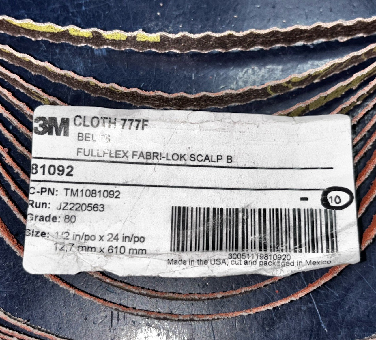 Ten 3M 1/2” x 24” 80 Grit Fullflex Scalloped Cloth Belt 777F FULLFLEX FABRI-LOK