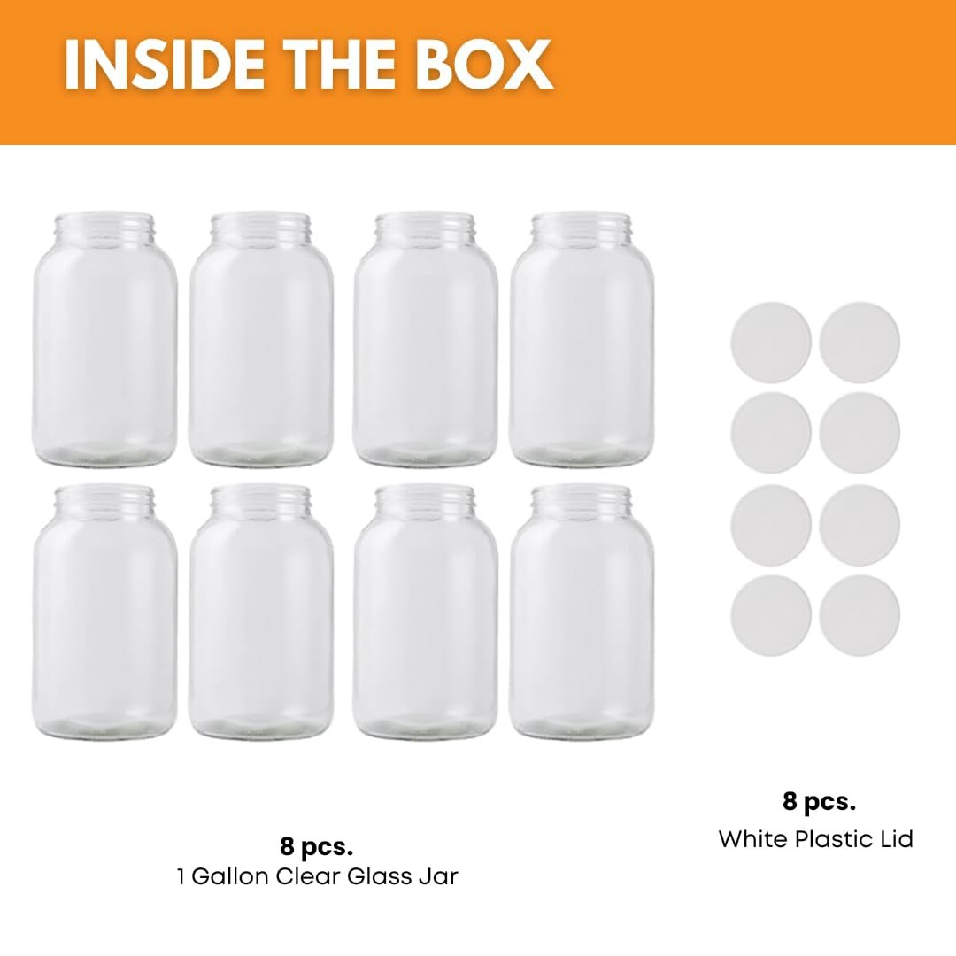 Glass Jar 1 Gallon Wide Mouth Food Grade 8 Pack Clear FastRack White Plastic